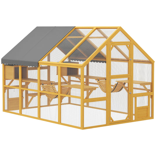 Catio Outdoor Cat Enclosure, Large Wooden Cat House for Multiple Kittens with Waterproof Cover, Walk in Kitty Cage with 2 Condos, 6 Platforms, Bridge, Doors, 74"H, Yellow