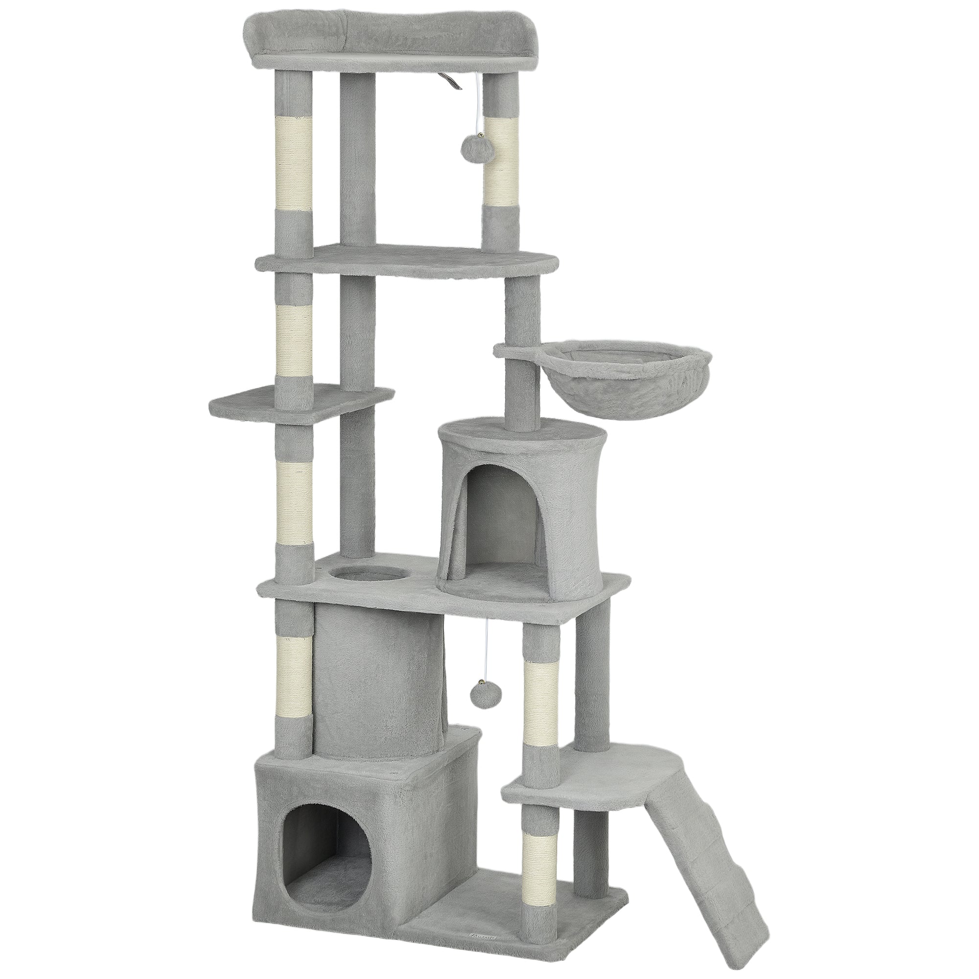 Cat Tree, 170 cm Large Cat Tower with 7 Scratching Posts, 1 Tunnel, 2 Condos, 1 Hammock, 1 Perch, 1 Ramp, 3 Platforms, 2 Pompoms, Multi-Level Kitty House for Indoor Kittens, Light Grey