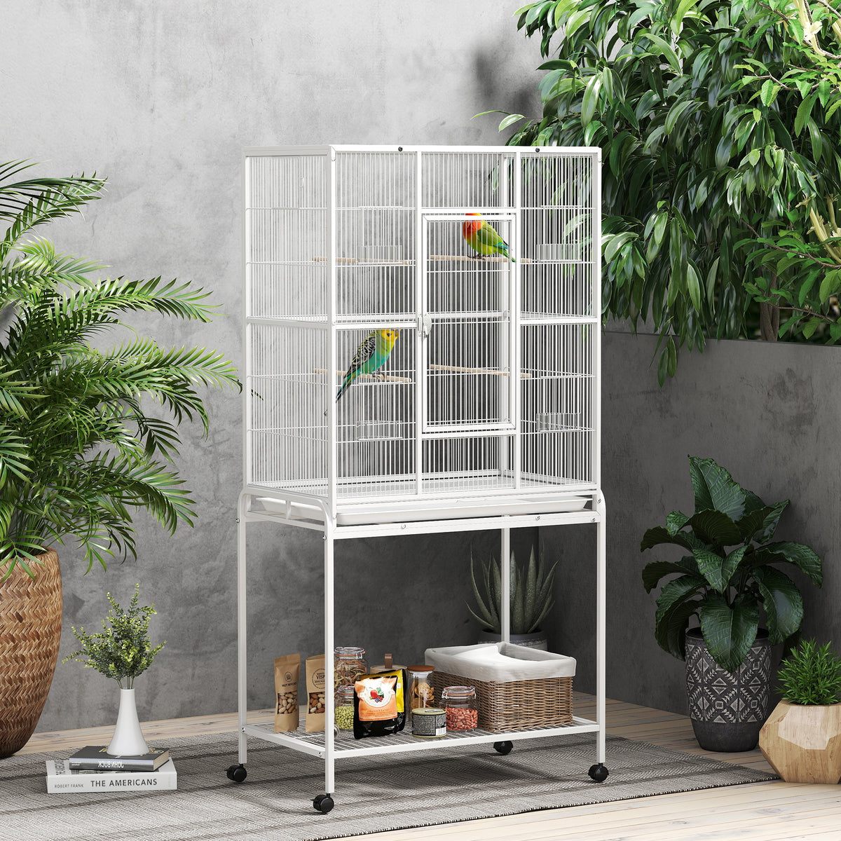 Large Bird Cage Budgie Cage with Stand, Storage Shelf, Wood Perch for Parrot Canary Parakeet Cockatiels, 81 x 48 x 162.5 cm, White