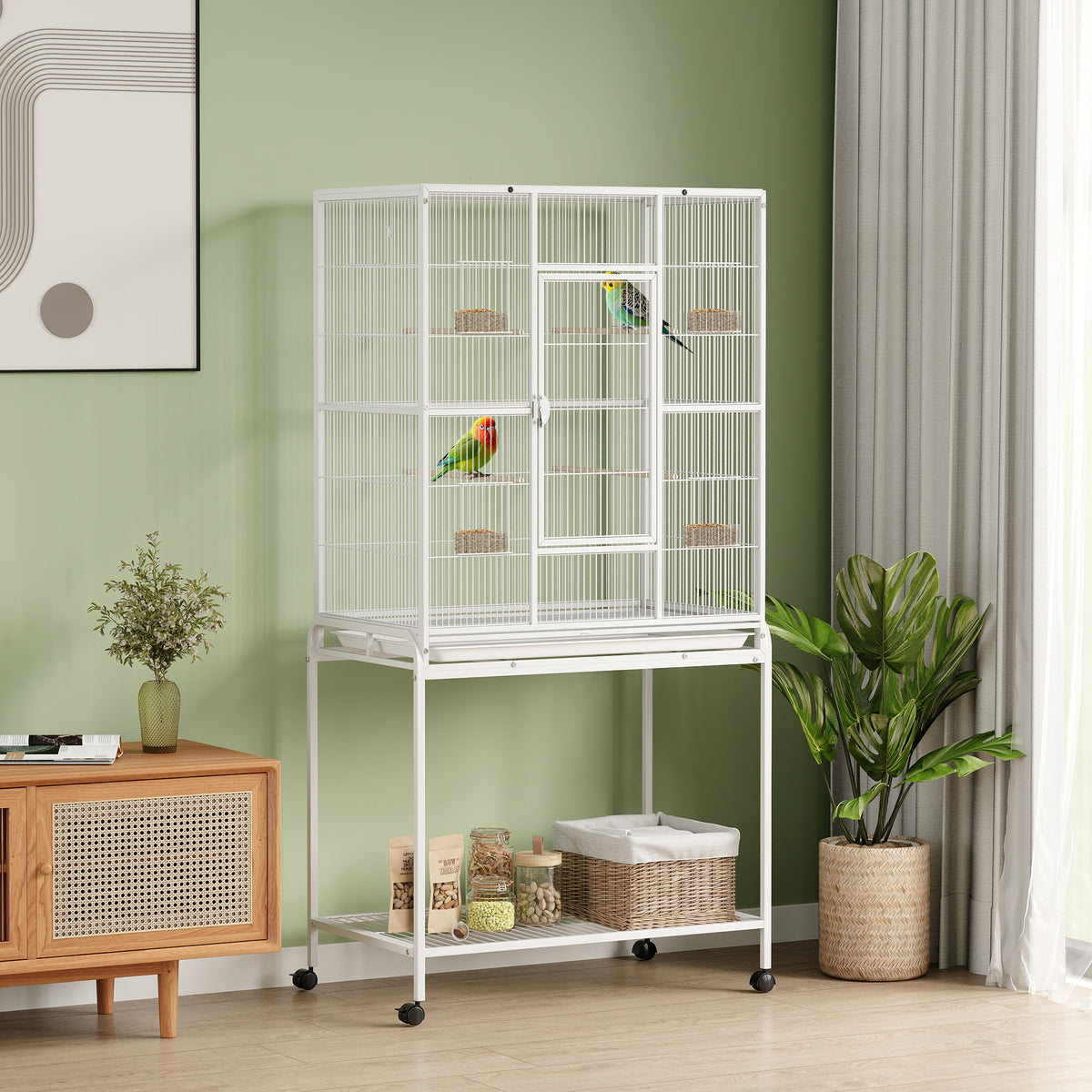Large Bird Cage Budgie Cage with Stand, Storage Shelf, Wood Perch for Parrot Canary Parakeet Cockatiels, 81 x 48 x 162.5 cm, White