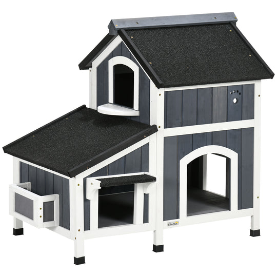 PawHut Outdoor Cat House with Weather-resistant Roof & Garden Bed, Outdoor Cat Shelter Enclosure with Multiple Entrances, Modern Cat Furniture Hideout, Cat Gifts, Gray