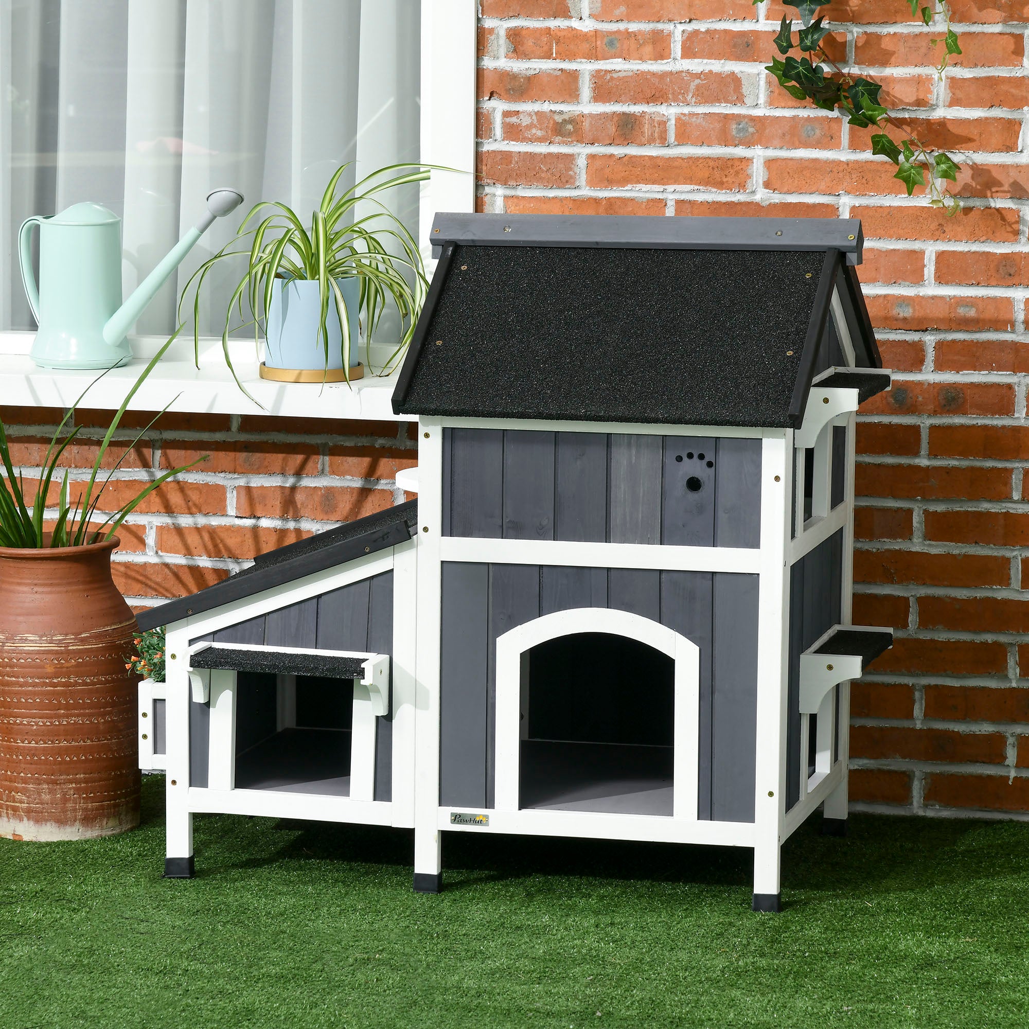 PawHut Outdoor Cat House with Weather-resistant Roof & Garden Bed, Outdoor Cat Shelter Enclosure with Multiple Entrances, Modern Cat Furniture Hideout, Cat Gifts, Gray