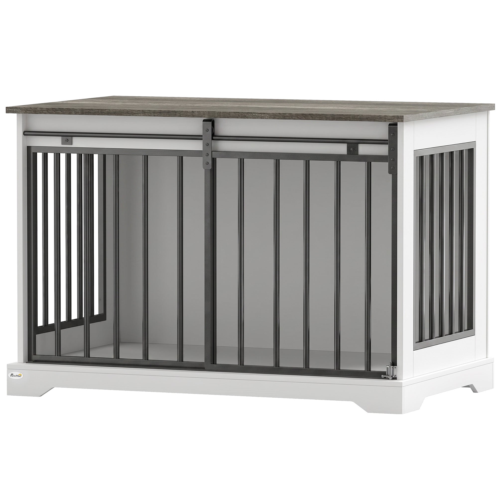 Dog Crate Furniture, 100 cm Wooden Dog Kennel Indoor Double Door with Sliding Barn Door, Decorative Pet Kennel End Side Table for Large Breeds, White