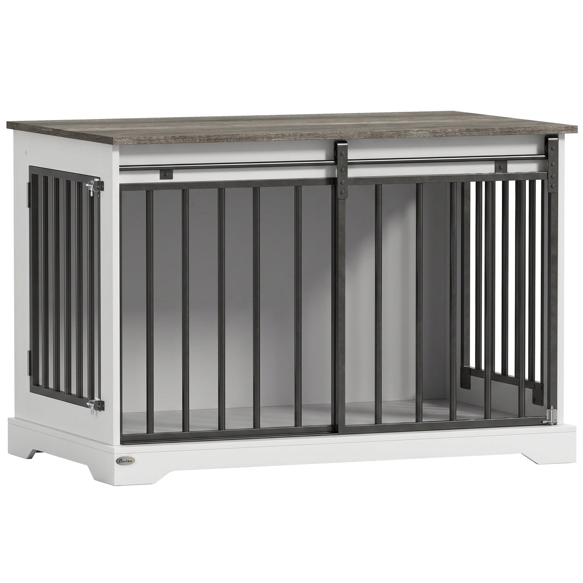 Dog Crate Furniture, 100 cm Large Double Door Wooden Dog Crate with Sliding Barn Door, Indoor Kennel End Table for Large Breeds, Anti-Chew Steel Puppy Cage, White