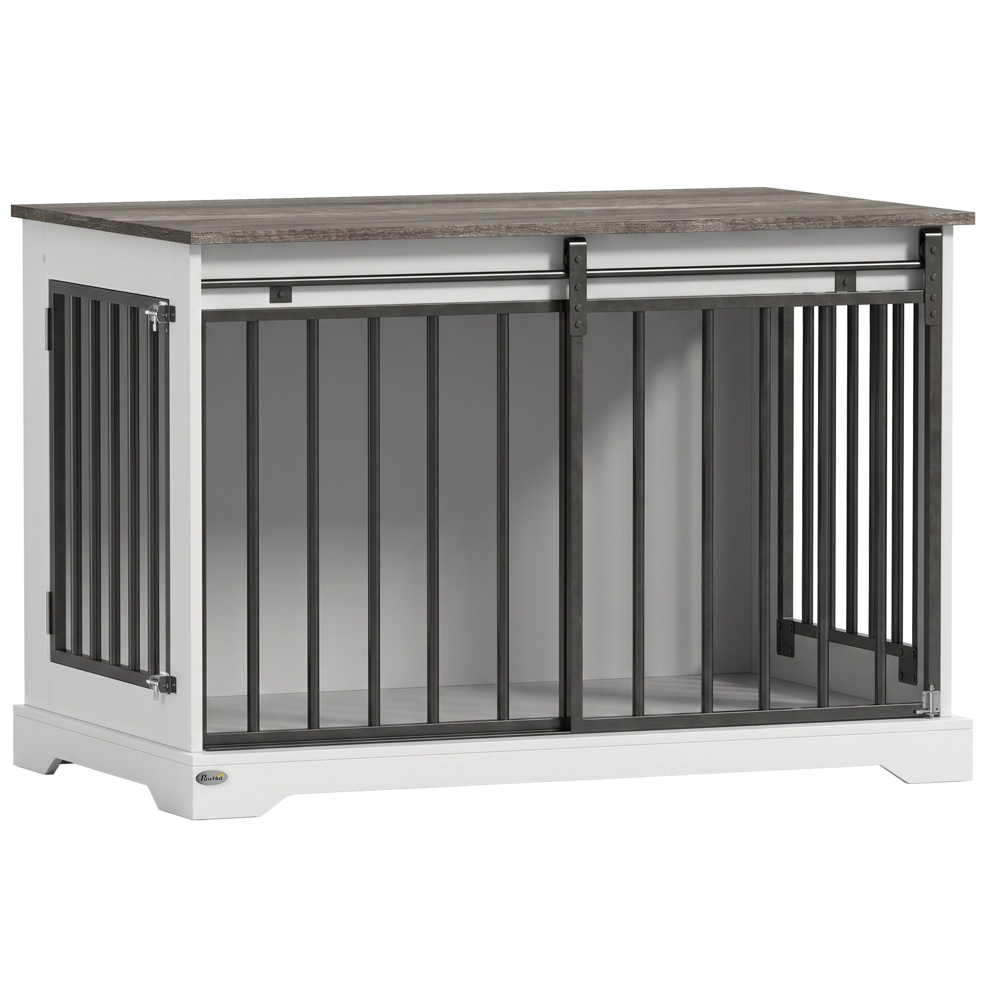 Dog Crate Furniture, 100 cm Wooden Dog Kennel Indoor Double Door with Sliding Barn Door, Decorative Pet Kennel End Side Table for Large Breeds, White