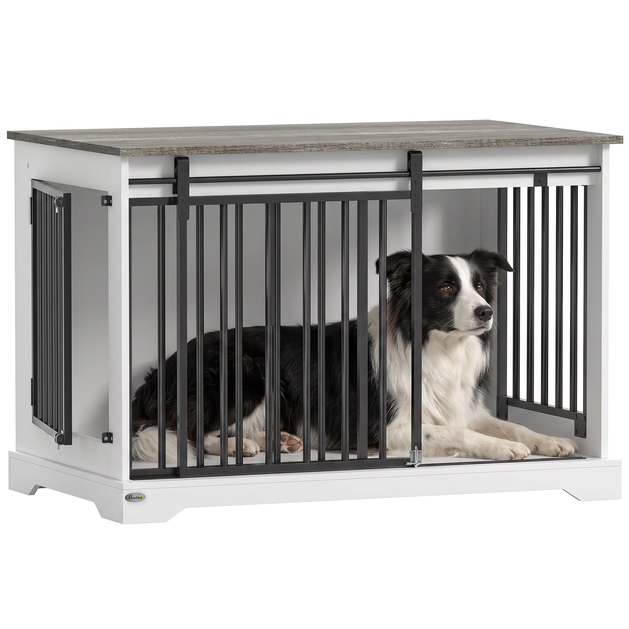 Dog Crate Furniture, 100 cm Wooden Dog Kennel Indoor Double Door with Sliding Barn Door, Decorative Pet Kennel End Side Table for Large Breeds, White