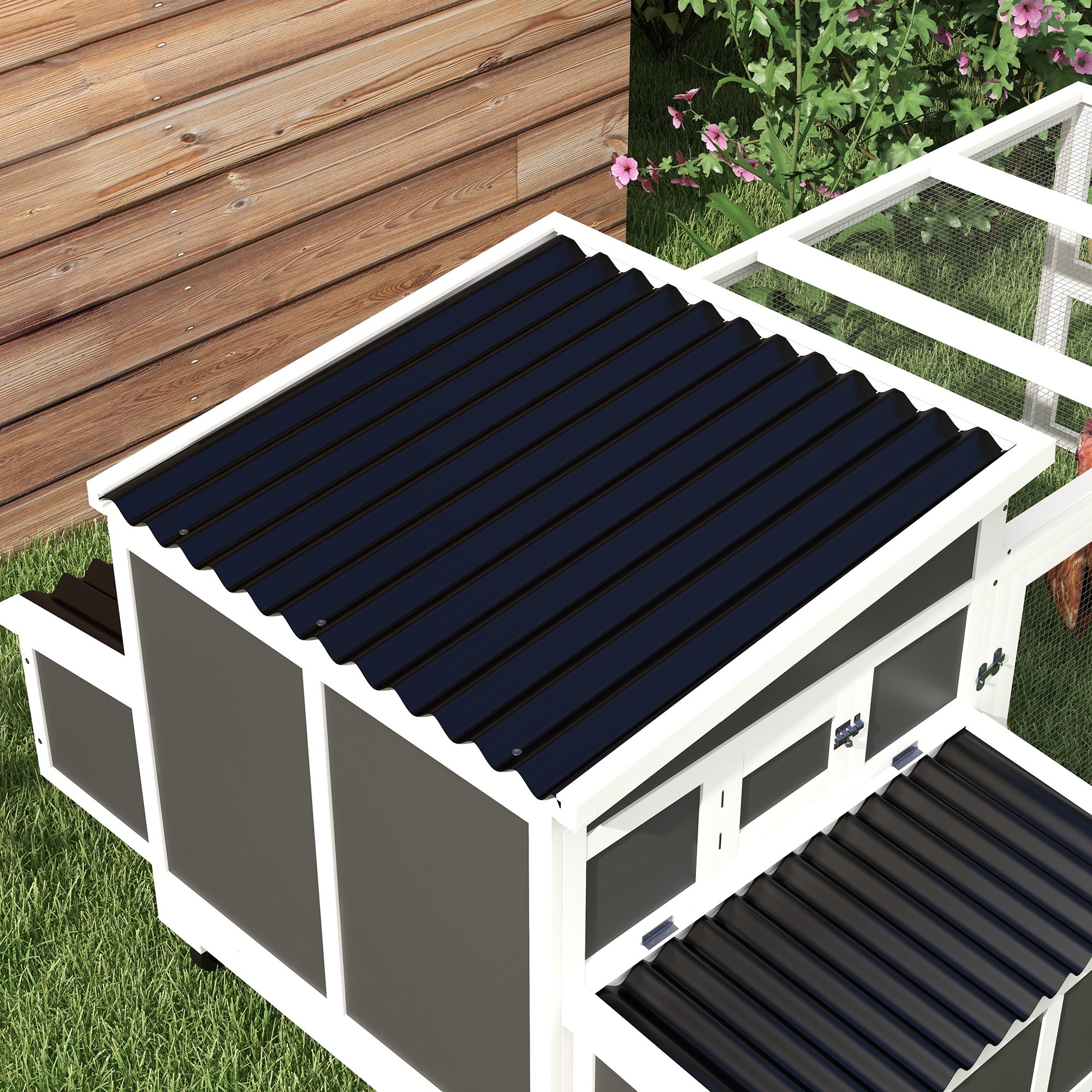 Wooden Chicken Coop for 6 Chickens, Rabbit Hutch with Large Run, Outdoor Poultry Cage Duck Coop Hen House with Nesting Box, Tray, Windows, Dark Grey