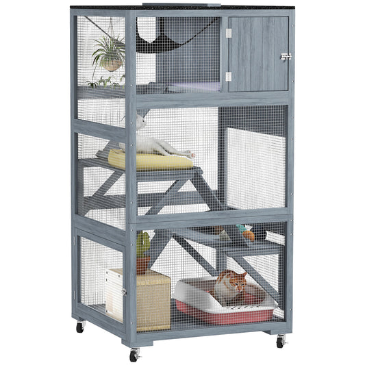 66"H Catio on Brake Wheel, Indoor Outdoor Cat Enclosure Cage with Weatherproof Roof Hammock Multiple Platforms Resting Condo Ramps Lockable Doors, for 1-3 Cats, Grey