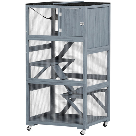 66"H Catio on Brake Wheel, Indoor Outdoor Cat Enclosure Cage with Weatherproof Roof Hammock Multiple Platforms Resting Condo Ramps Lockable Doors, for 1-3 Cats, Grey