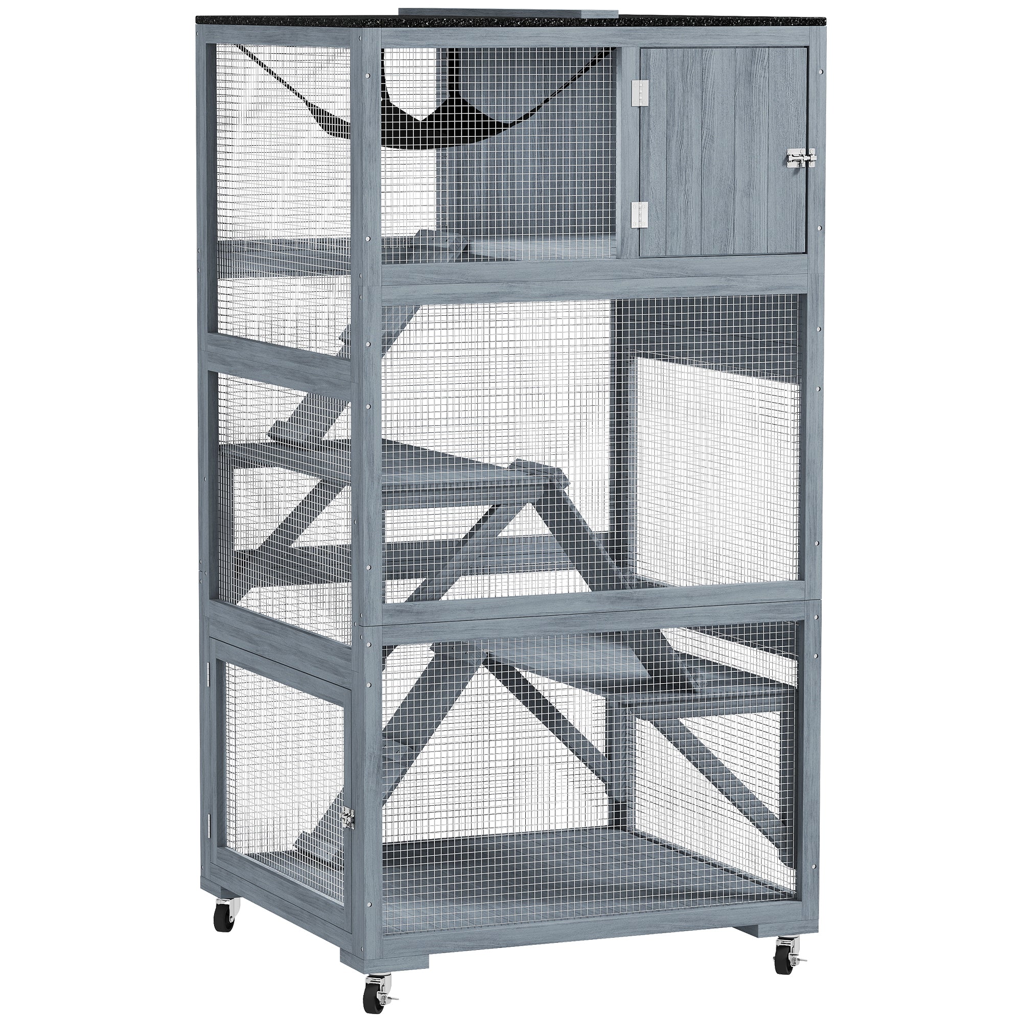 66"H Catio on Brake Wheel, Indoor Outdoor Cat Enclosure Cage with Weatherproof Roof Hammock Multiple Platforms Resting Condo Ramps Lockable Doors, for 1-3 Cats, Grey