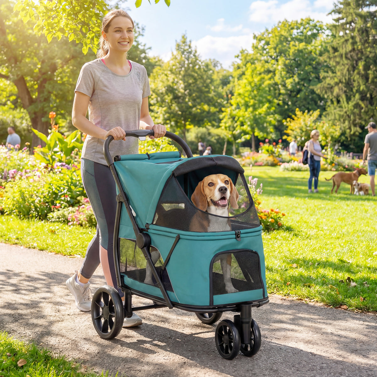 Dog Stroller, 3 Wheels Pet Stroller with Dual Entry, Easy One-Click Quick Fold, Mesh Windows, Washable Cushion, Pet Travel Buggy for Small and Medium Dogs and Cats, Dark Green