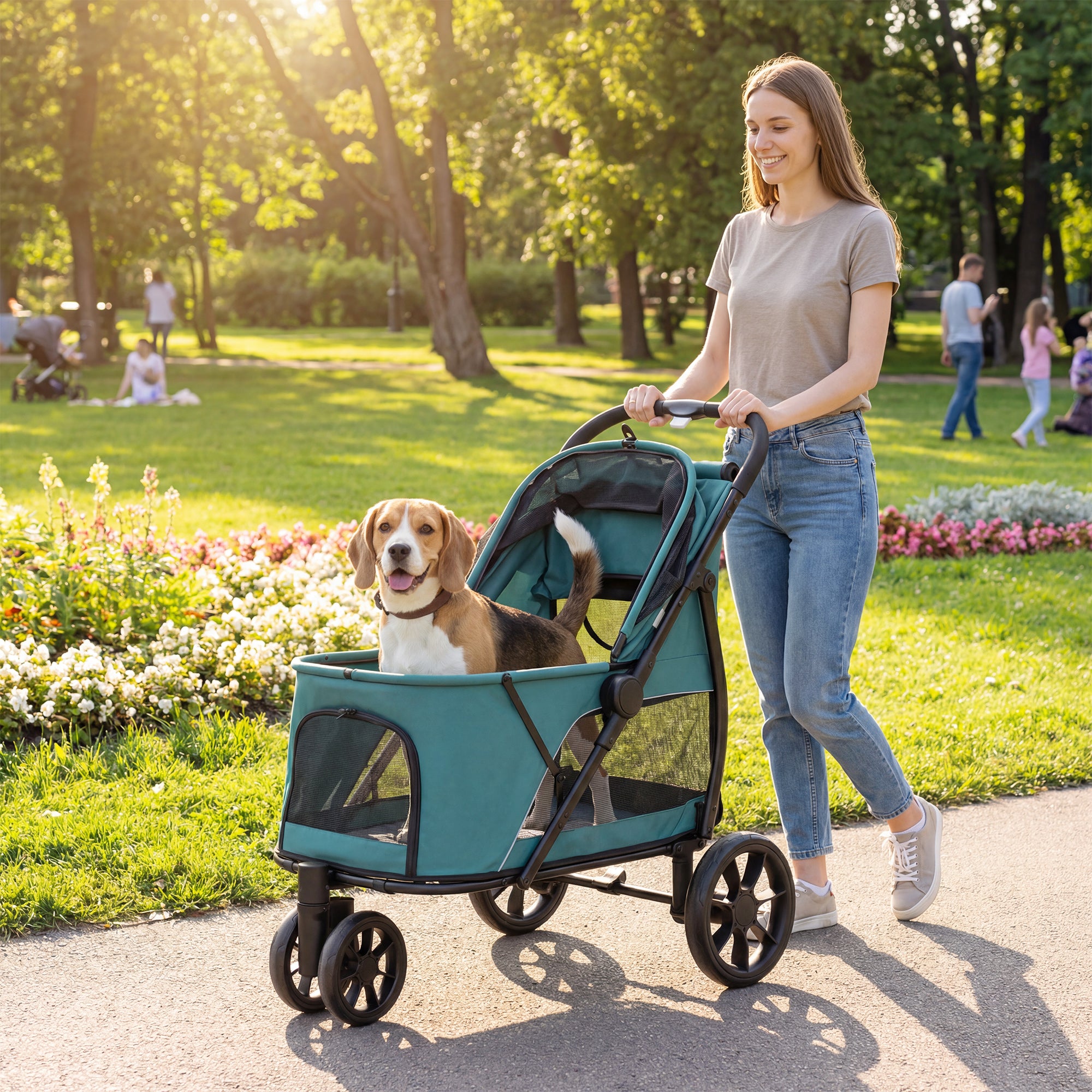Dog Stroller, 3 Wheels Pet Stroller with Dual Entry, Easy One-Click Quick Fold, Mesh Windows, Washable Cushion, Pet Travel Buggy for Small and Medium Dogs and Cats, Dark Green