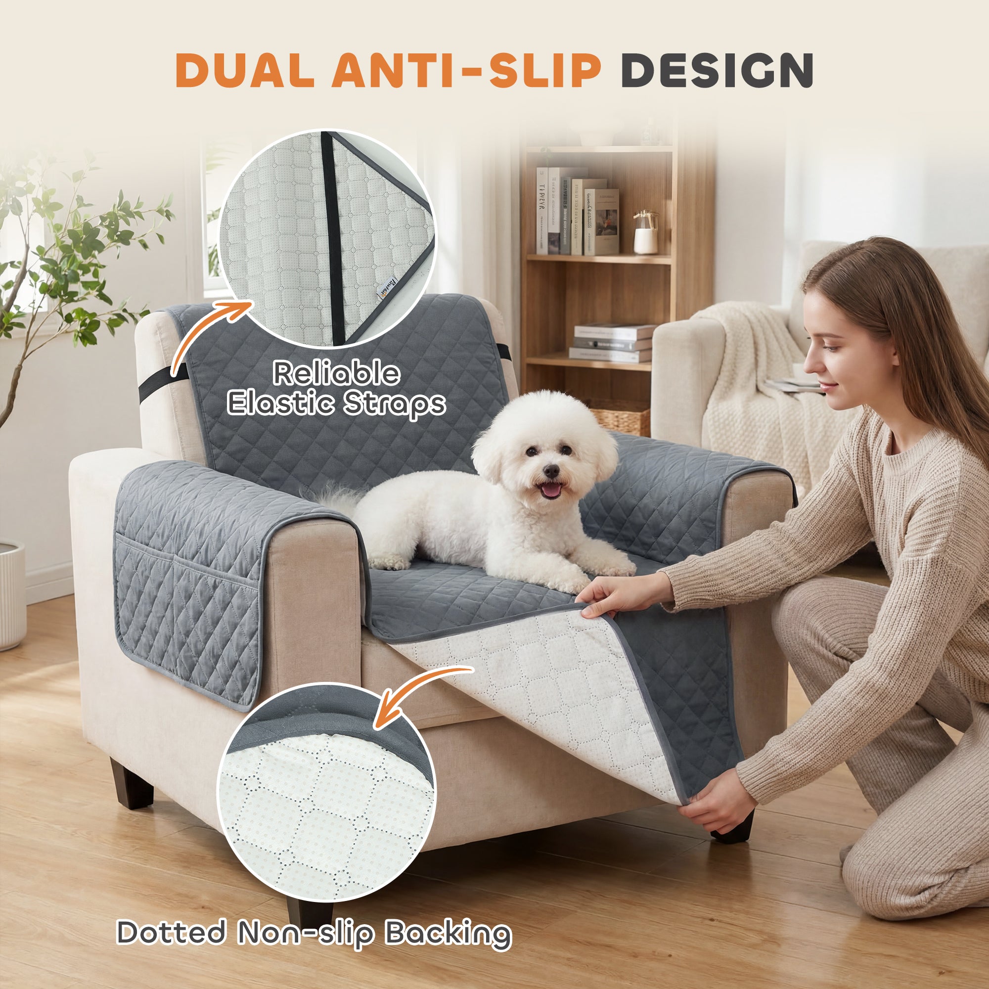 Waterproof Sofa Cover, Soft Couch Cover for Dogs Cats Pets, Non Slip Sofa Slipcoevr with Elastic Straps Furniture Protector for Living Room, Grey
