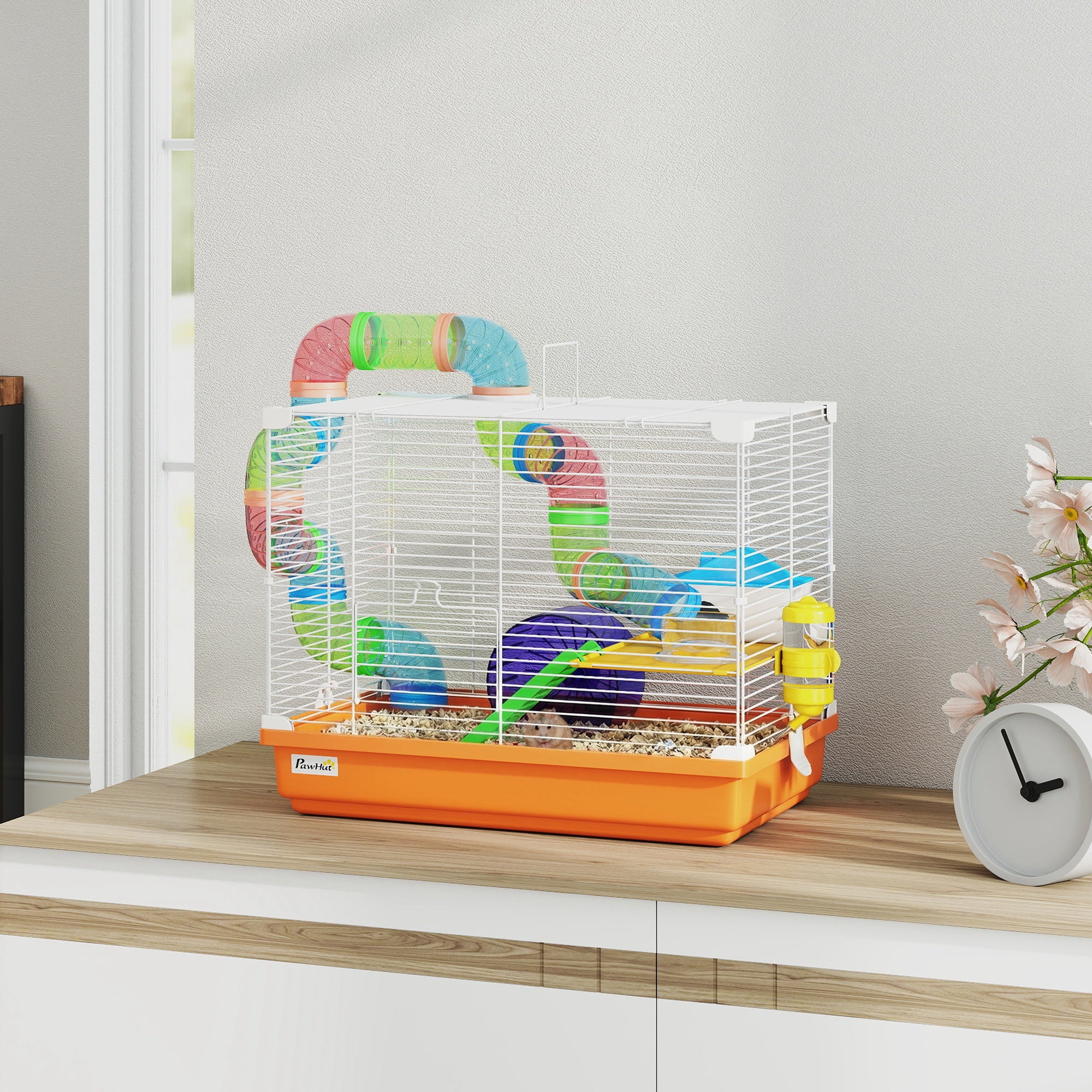 18"L Hamster Cage, Small Animal House, 2-Level Rat Gerbil Haven with Tunnel Tube System, Exercise Wheel, Water Bottle, Food Dish, Ramp, Orange