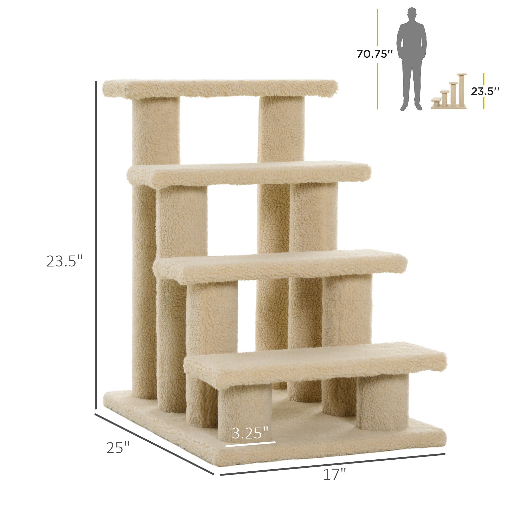 4-Step Multi-Level Carpeted Cat Scratching Post Pet Stairs, Cream White