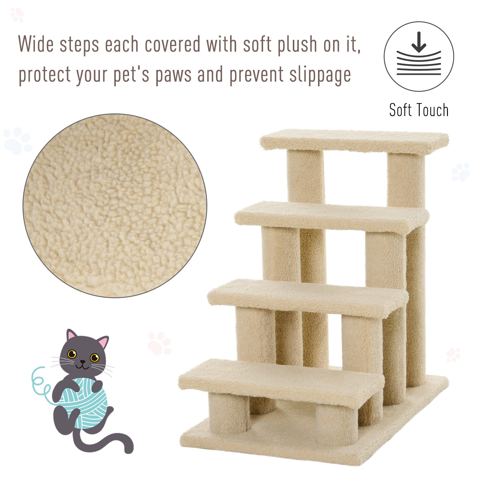 4-Step Multi-Level Carpeted Cat Scratching Post Pet Stairs, Cream White