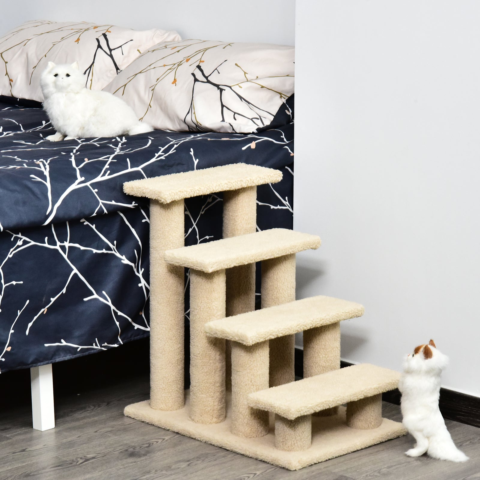 4-Step Multi-Level Carpeted Cat Scratching Post Pet Stairs, Cream White