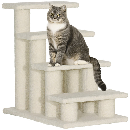 4-Step Multi-Level Carpeted Cat Scratching Post Pet Stairs, Cream White
