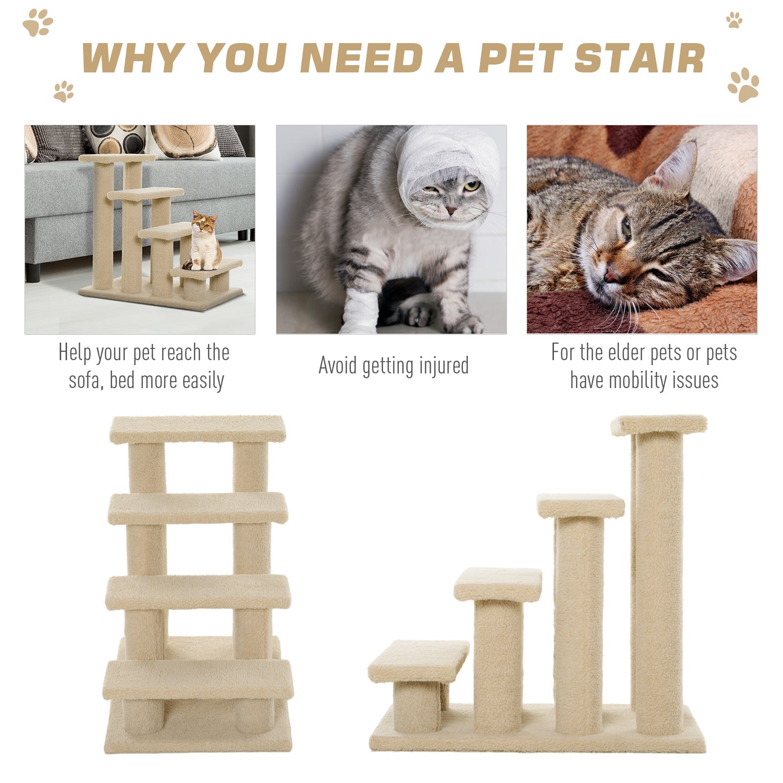 4-Step Multi-Level Carpeted Cat Scratching Post Pet Stairs, Cream White