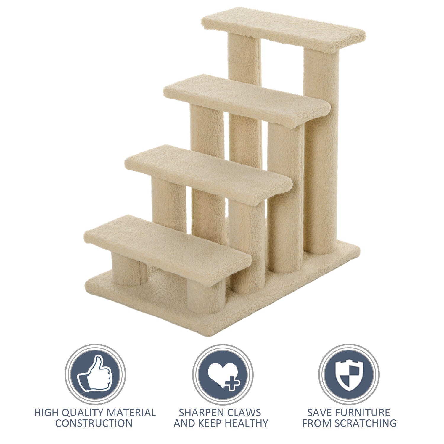 4-Step Multi-Level Carpeted Cat Scratching Post Pet Stairs, Cream White