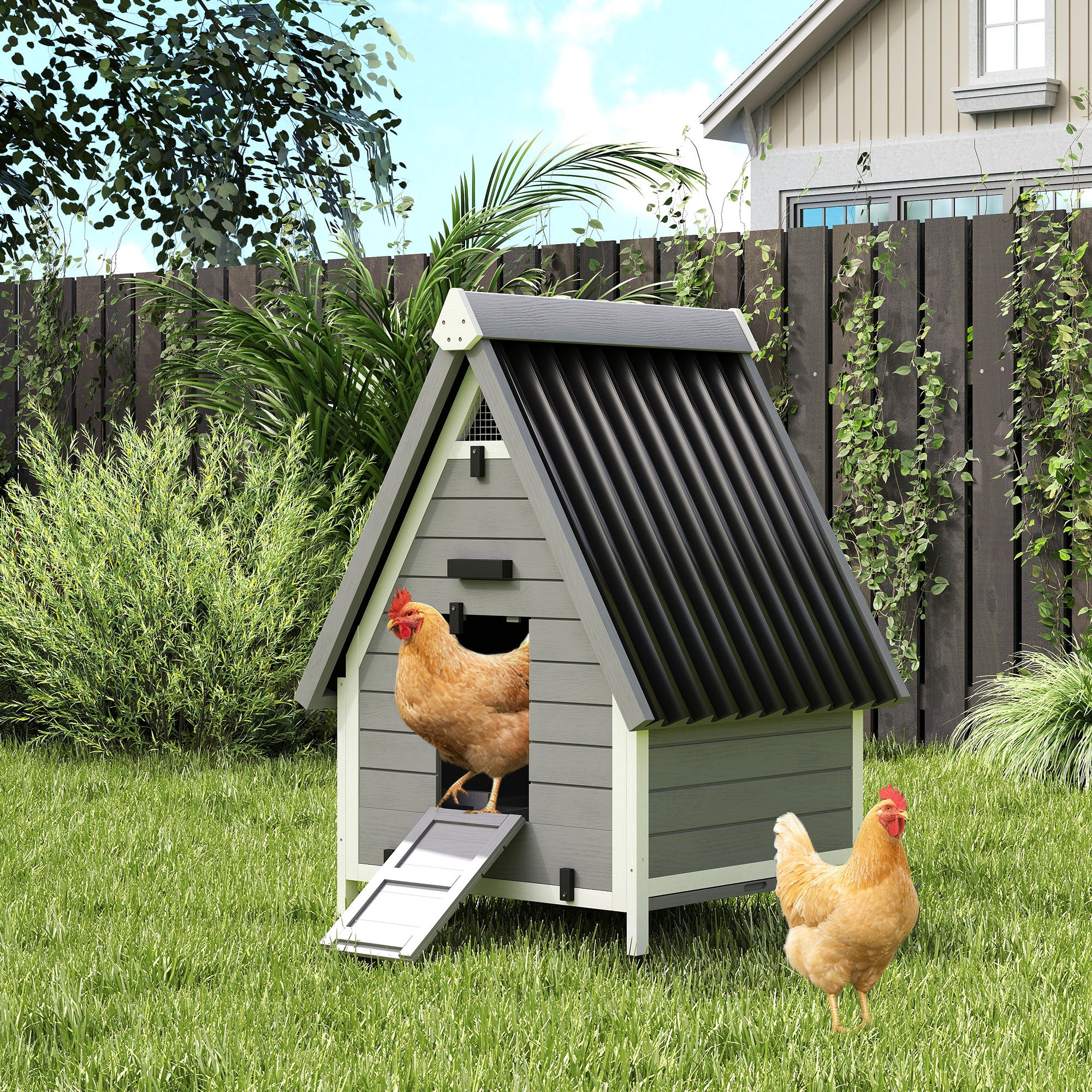 Chicken Coop for 2 Hens, Outdoor Wooden Chicken House with Removable Nesting Box & Roosting Bar, Tray, Ramp, Poultry Cage Rabbit Hutch, 31" x 29" x 43", Grey