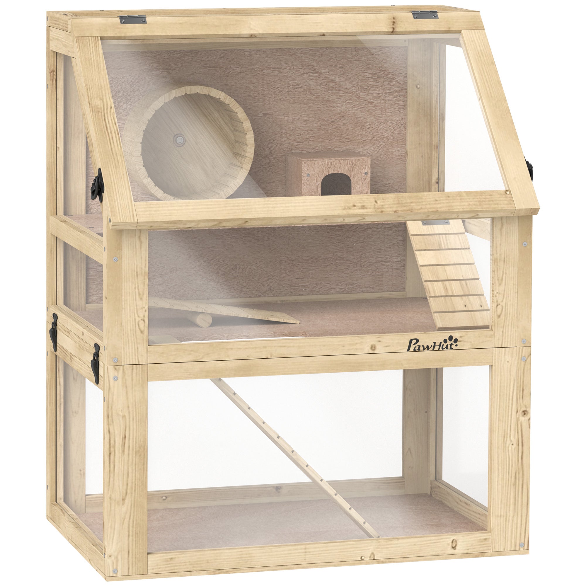 PawHut Wooden Hamster Cage, 3 Tier Small Animal Cage with Detachable 12.6" Deep Bottom, Hut, Seesaw, Exercise Wheel, Ramps, Hamster Habitat for Dwarf, Gerbil, 24" x 16" x 29.5"