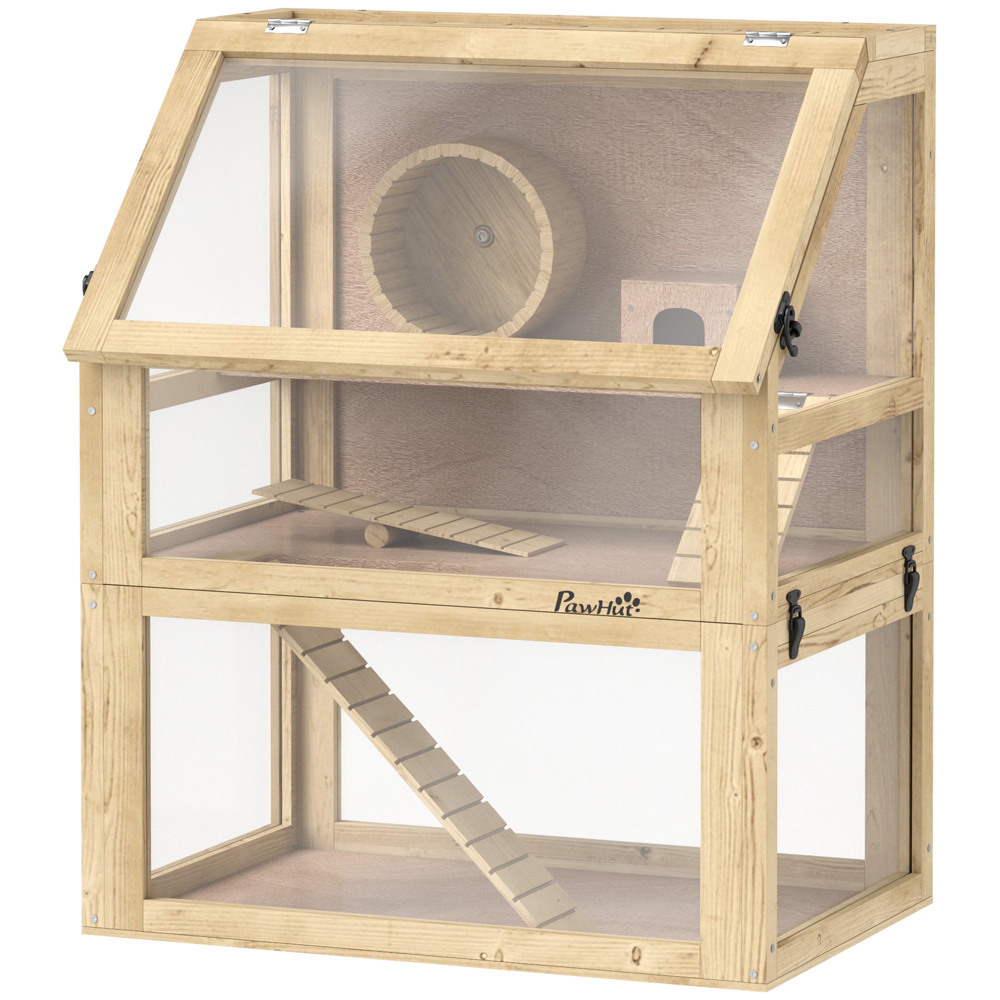 PawHut Wooden Hamster Cage, 3 Tier Small Animal Cage with Detachable 12.6" Deep Bottom, Hut, Seesaw, Exercise Wheel, Ramps, Hamster Habitat for Dwarf, Gerbil, 24" x 16" x 29.5"