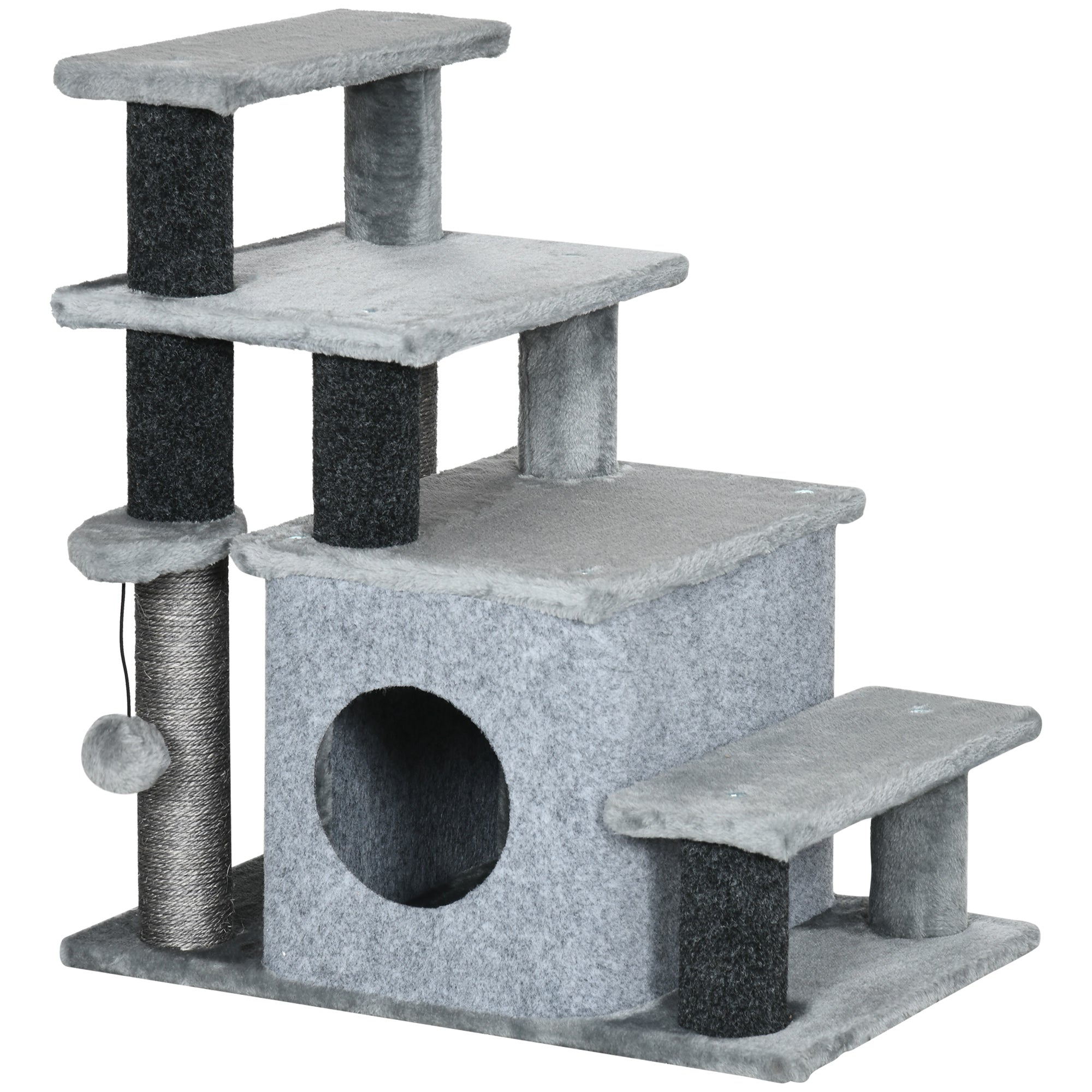 Pet Stairs, Adjustable Height 3 Step/4 Step Cat Steps with Sisal Cat Scratching Post, Condo, Toy Ball for High Bed, Sofa, Couch, for Indoor Small Kittens, Gray