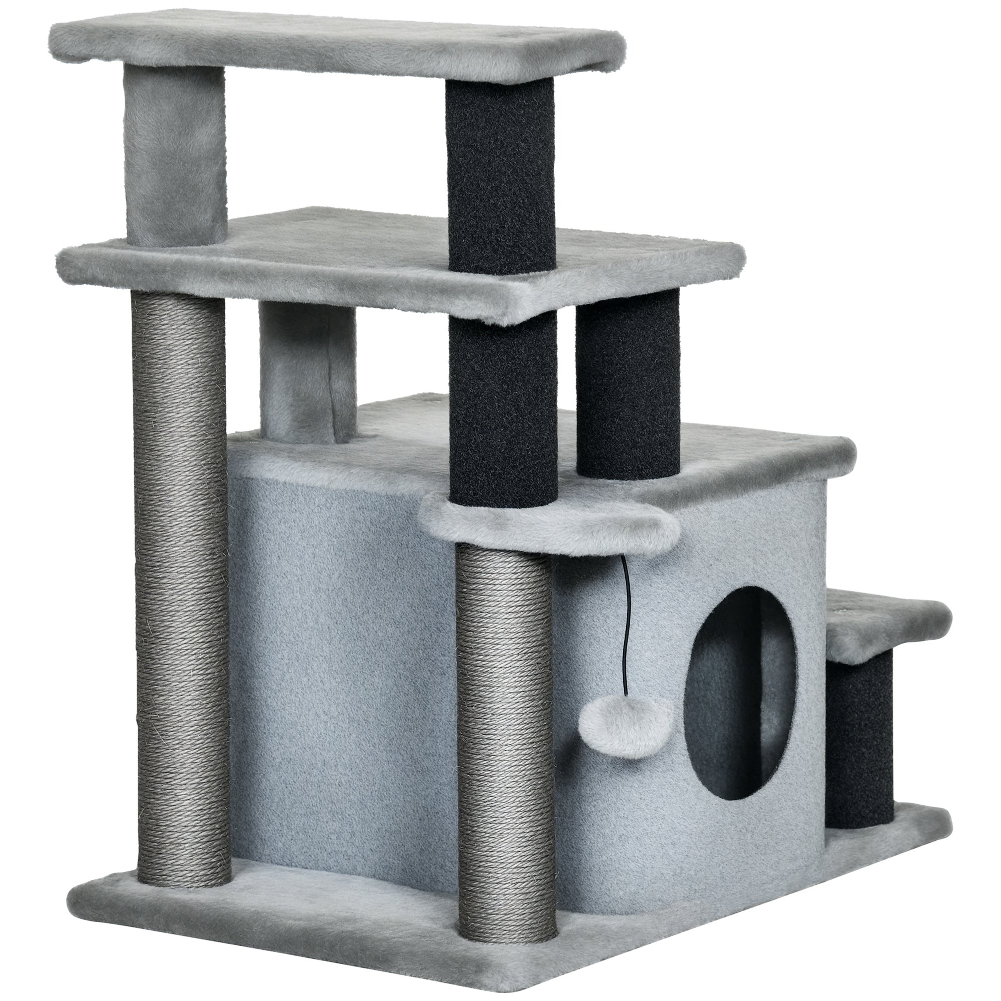 Pet Stairs, Adjustable Height 3 Step/4 Step Cat Steps with Sisal Cat Scratching Post, Condo, Toy Ball for High Bed, Sofa, Couch, for Indoor Small Kittens, Gray