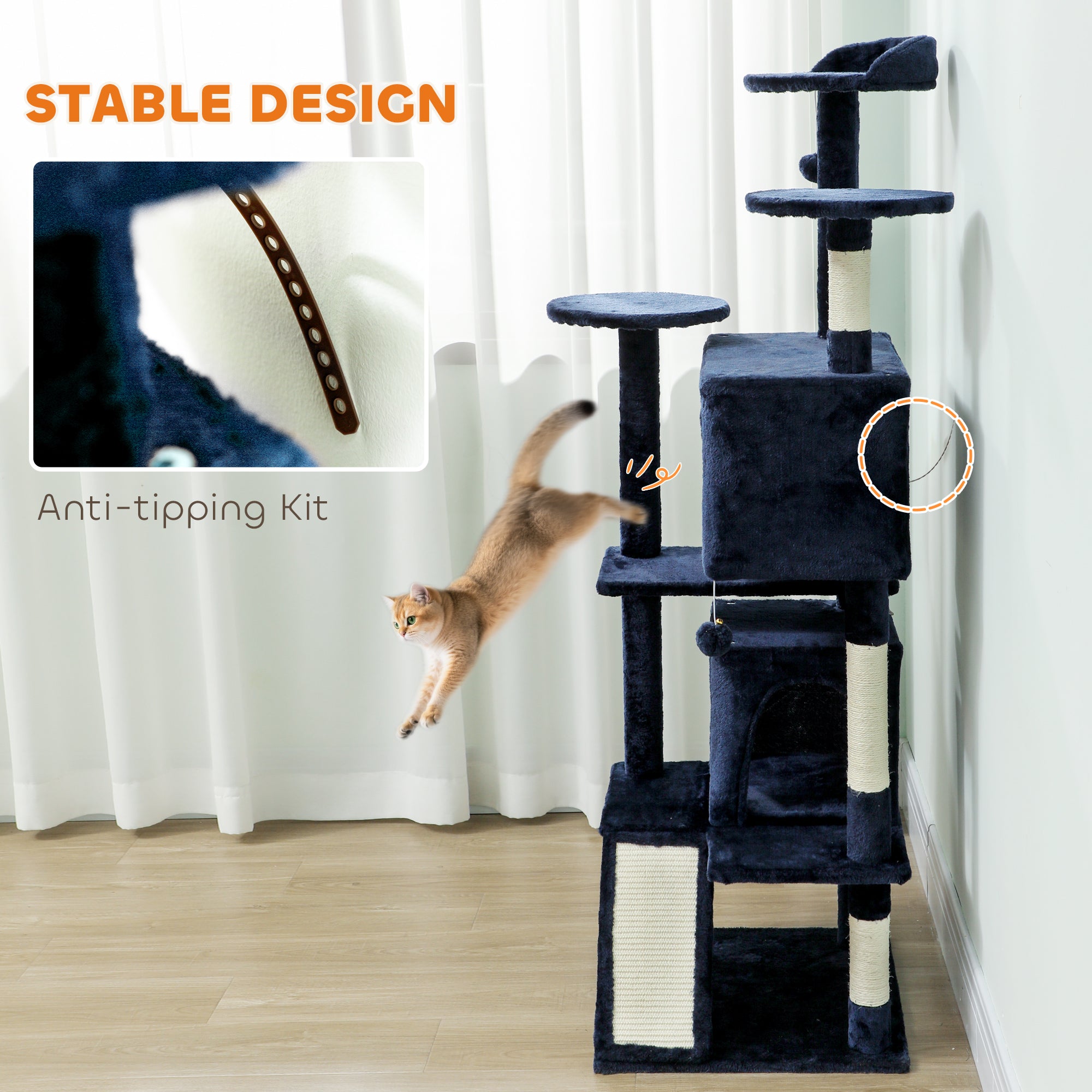 63" Cat Tree, Cat Tower for Indoor Cats with Scratching Posts, Cat Condos, Bed, Platforms, Ramp, Toy Ball, Cat Activity Center, Dark Blue