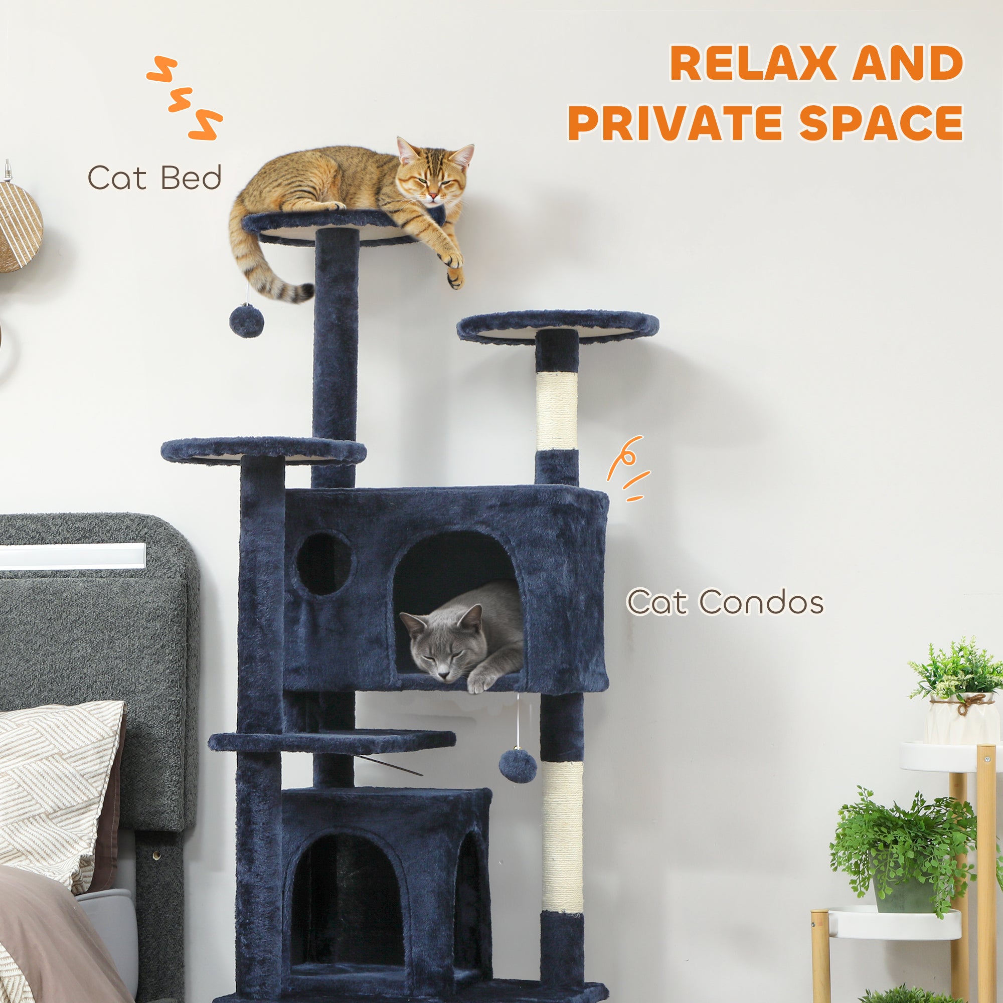 63" Cat Tree, Cat Tower for Indoor Cats with Scratching Posts, Cat Condos, Bed, Platforms, Ramp, Toy Ball, Cat Activity Center, Dark Blue