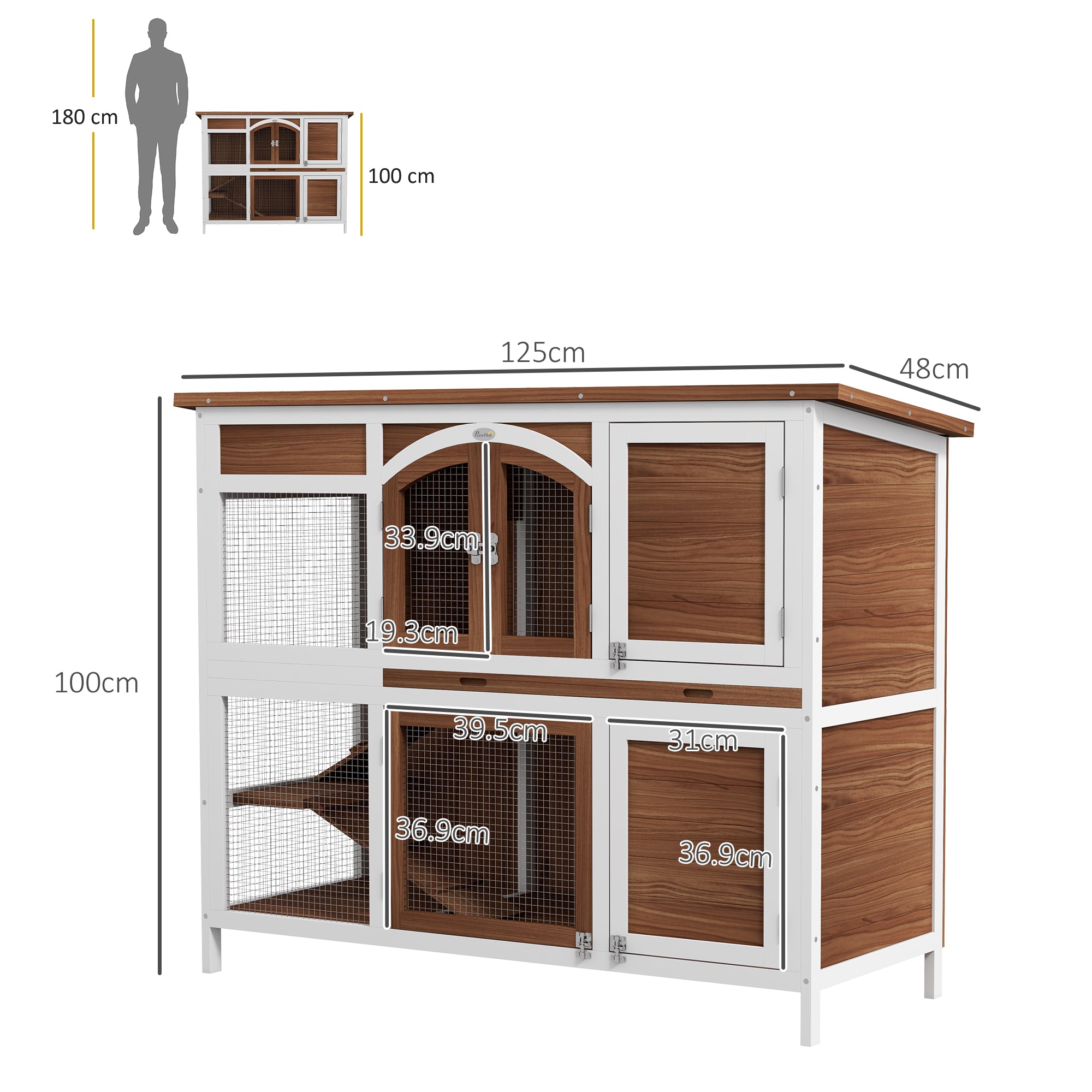 Rabbit Hutch Outdoor Guinea Pig Hutch 2 Tier Wooden Cage w/ Ramp, Divider, Openable Roof, 125 x 48 x 100cm - Brown