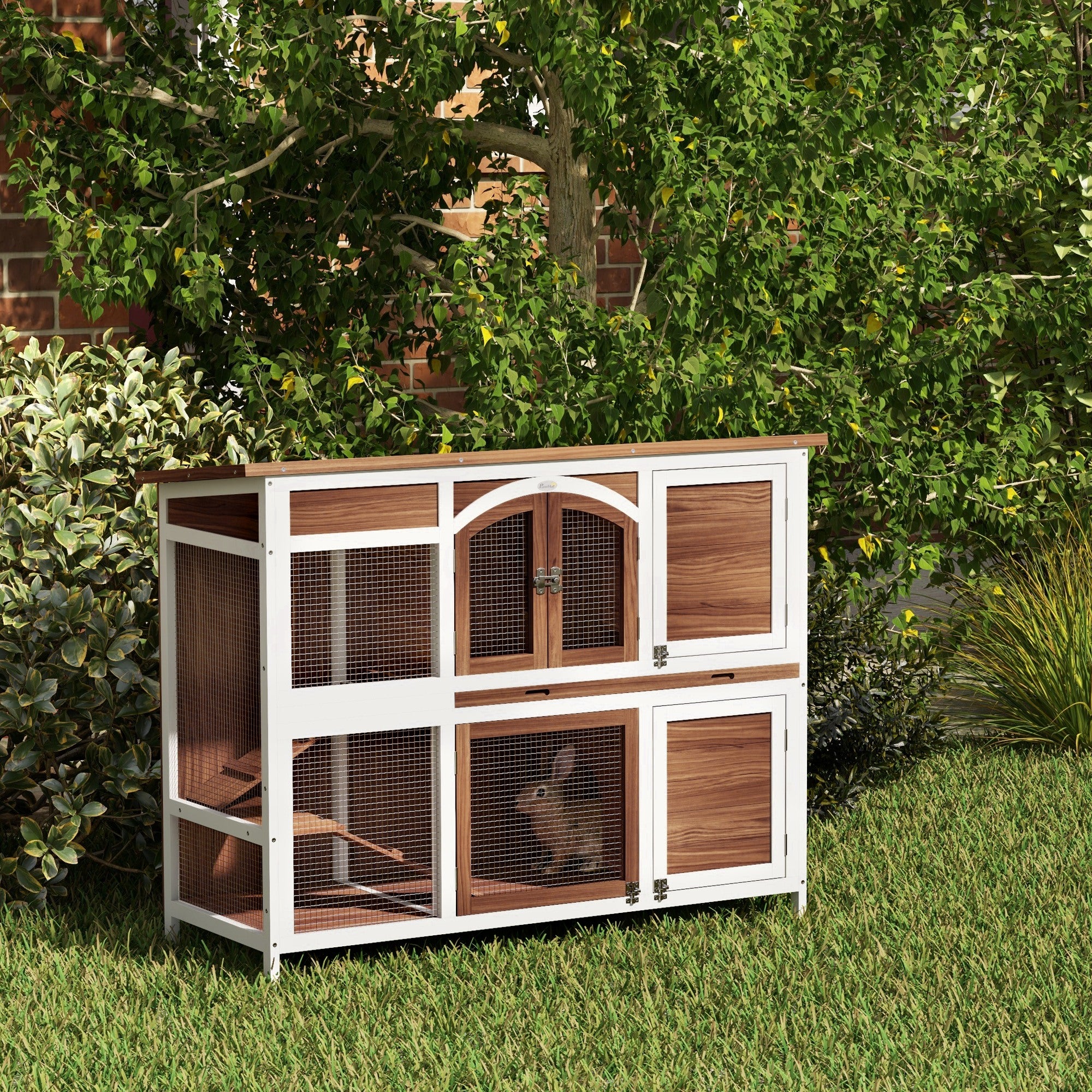 Rabbit Hutch Outdoor Guinea Pig Hutch 2 Tier Wooden Cage w/ Ramp, Divider, Openable Roof, 125 x 48 x 100cm - Brown