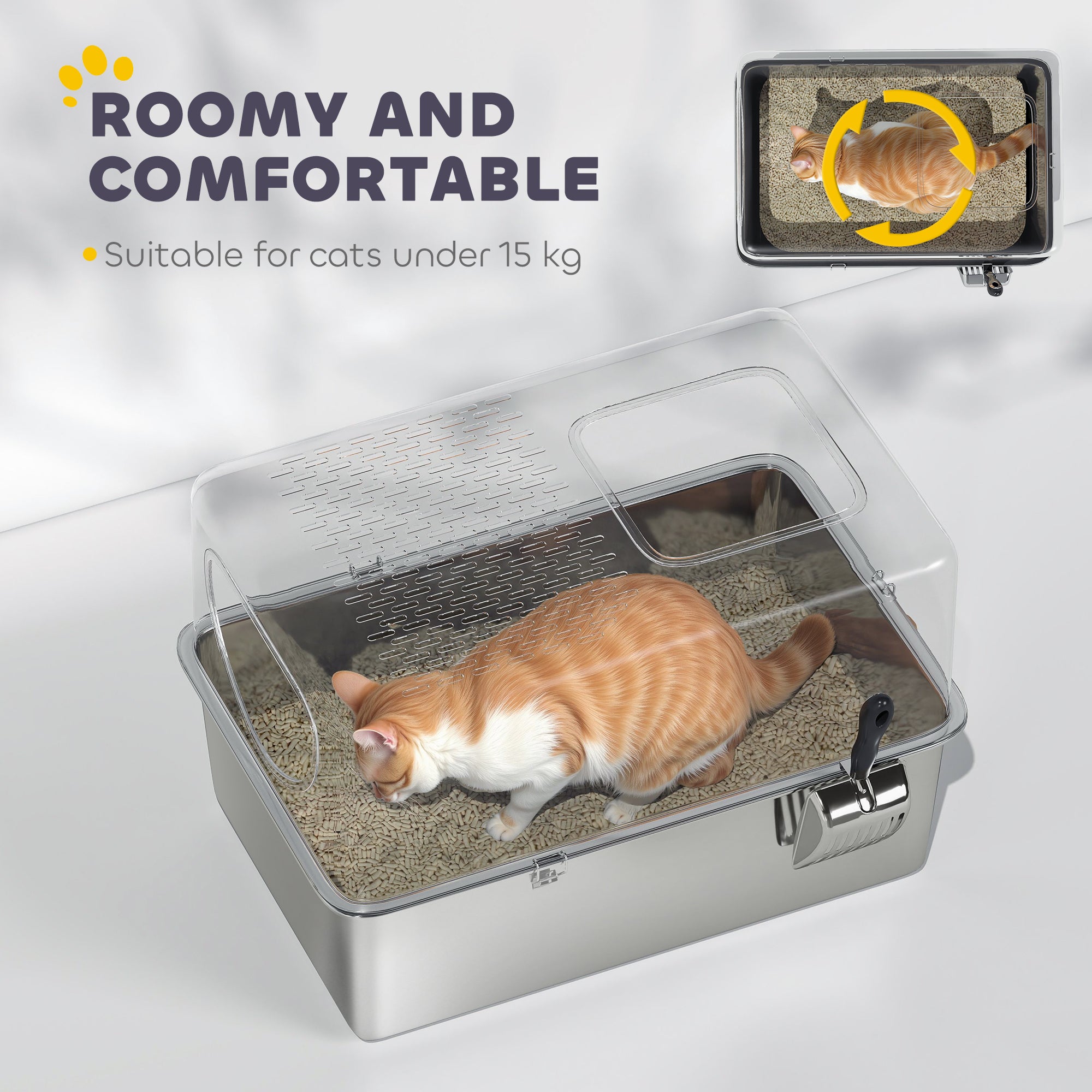 Stainless Steel Cat Litter Box with Lid, Extra Large Enclosed Litter Box with Top Litter-Catching Holes, Scoop, Dual Entry, Easy Clean, Silver