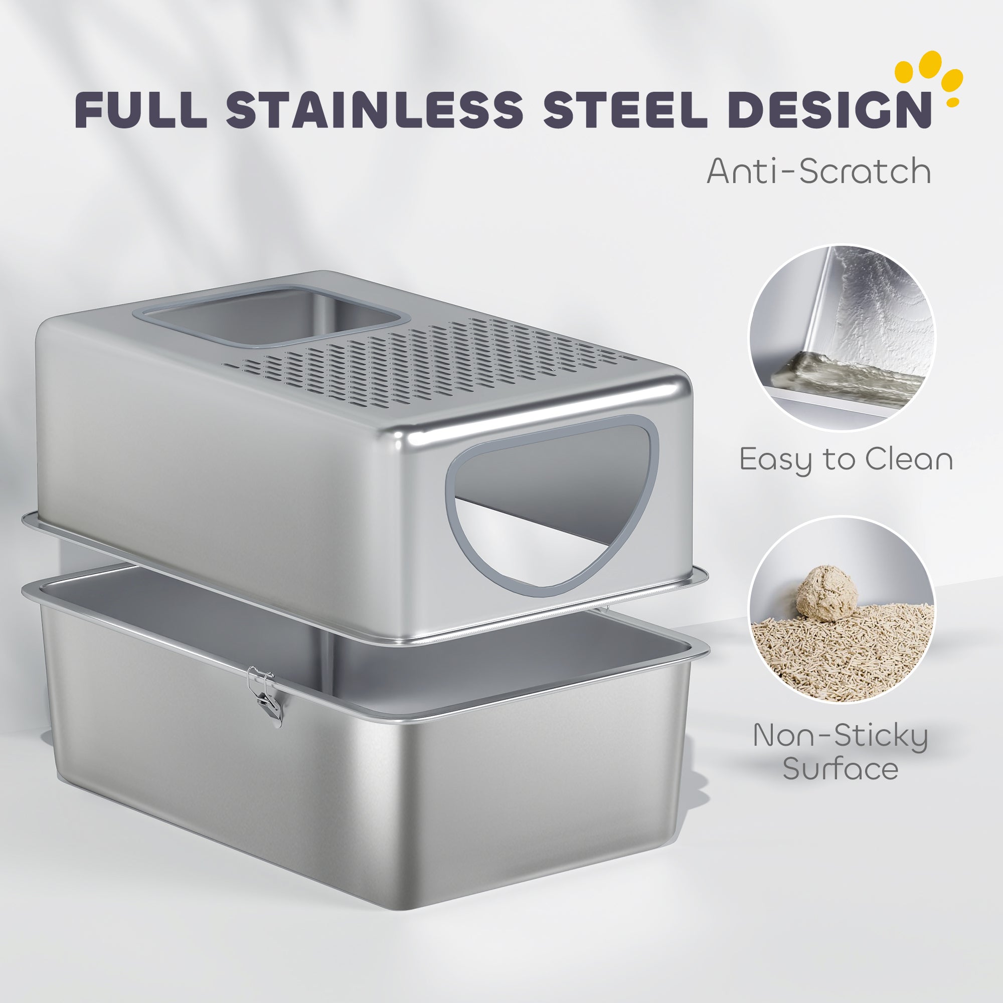 Stainless Steel Cat Litter Box with Lid, Extra Large Enclosed Litter Box with Top Litter-Catching Holes, Scoop, Dual Entry, Easy Clean, Silver
