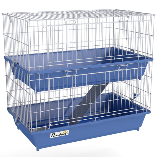 28" 2-Tier Small Animal Cage with 2 Doors, Deep Base, Ramp, Dish & Bottle, Blue