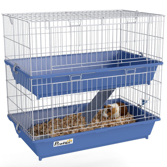 28" 2-Tier Small Animal Cage with 2 Doors, Deep Base, Ramp, Dish & Bottle, Blue