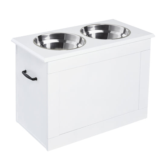 Elevated Dog Feeding Station with 2 Steel Bowls and Storage for Large Dogs, White