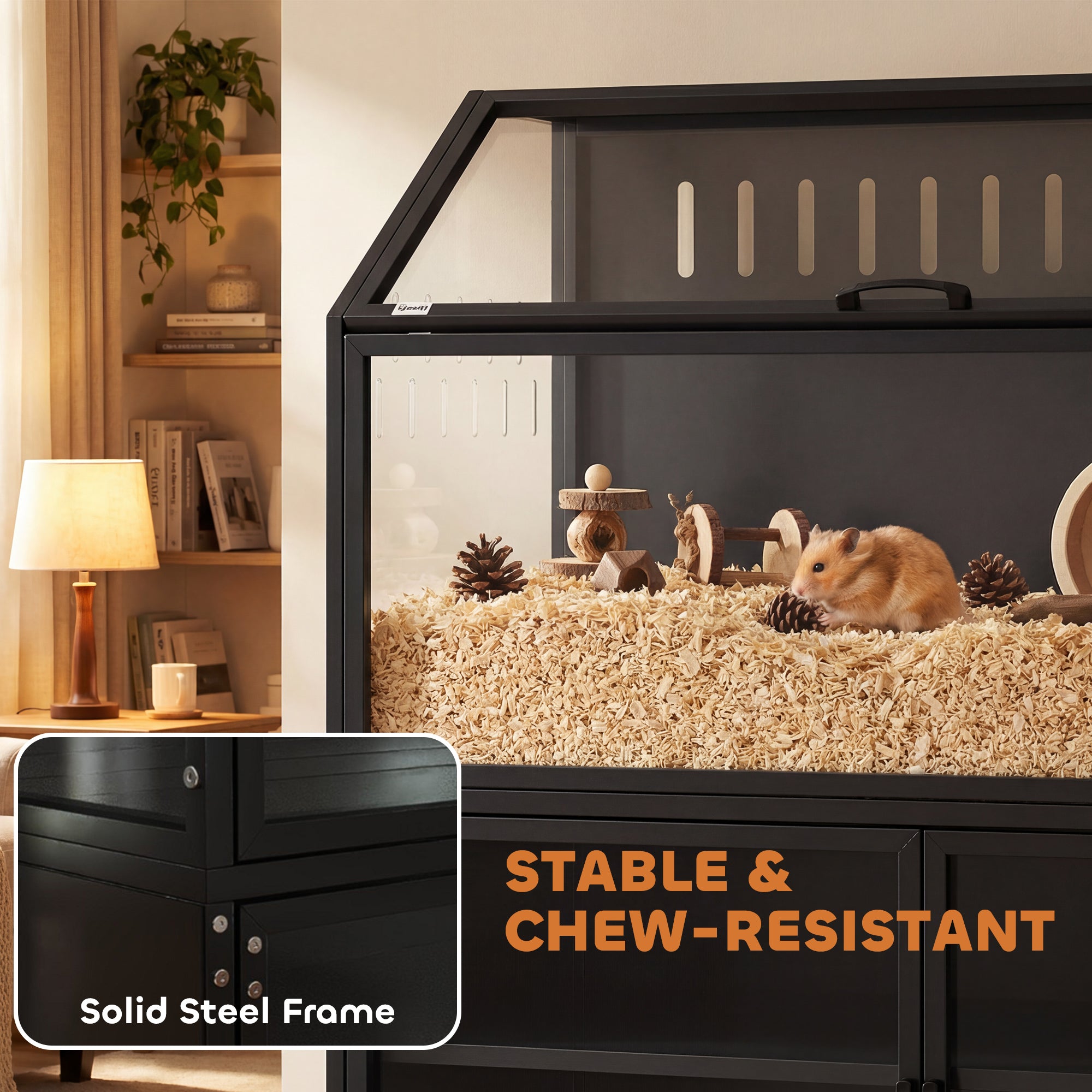 Hamster Cage with Storage Cabinet, Small Animal Cage with Easy View Acrylic Panels and Openable Top, Large Guinea Pig Habitat for Rat, Hedgehog, Gerbil, 41" x 16" x 40" H, Black