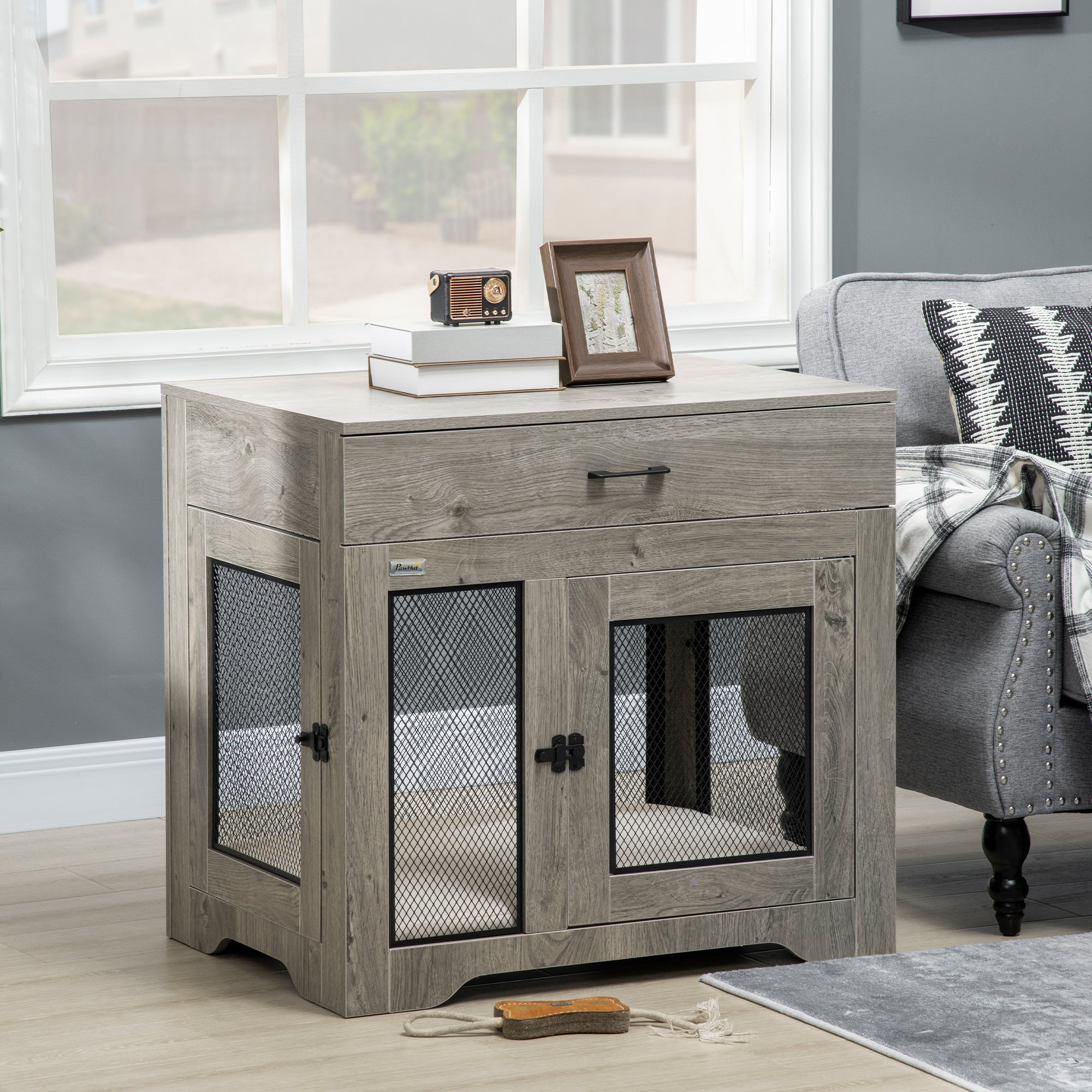 32in Dog Crate Furniture with Cushion, Indoor Pet Kennel End Table with Storage, 2 Doors, for Small Medium Dogs, Grey