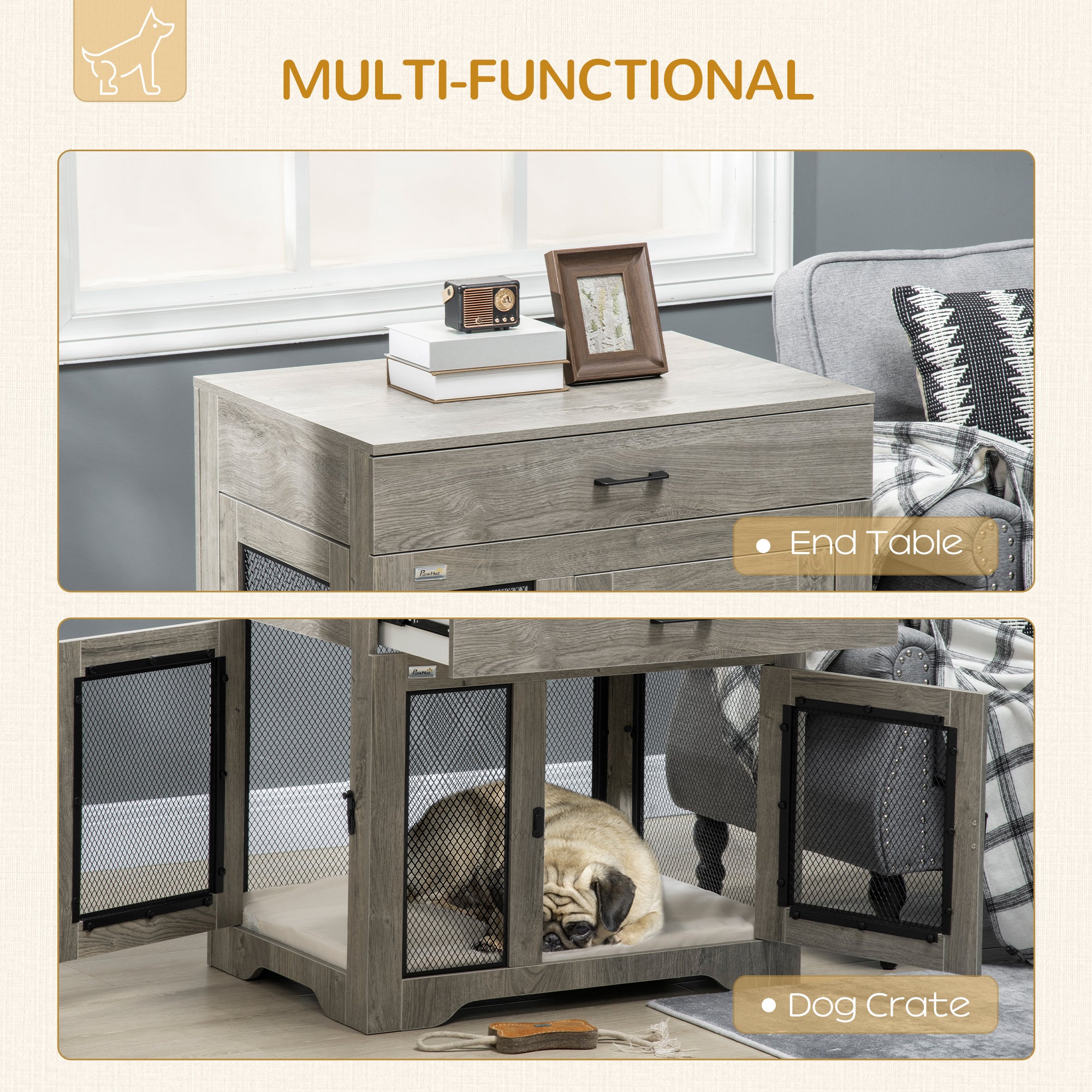 32in Dog Crate Furniture with Cushion, Indoor Pet Kennel End Table with Storage, 2 Doors, for Small Medium Dogs, Grey