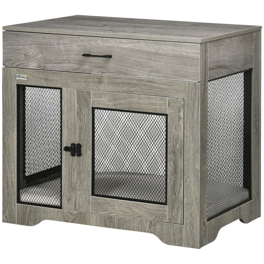 32in Dog Crate Furniture with Cushion, Indoor Pet Kennel End Table with Storage, 2 Doors, for Small Medium Dogs, Grey