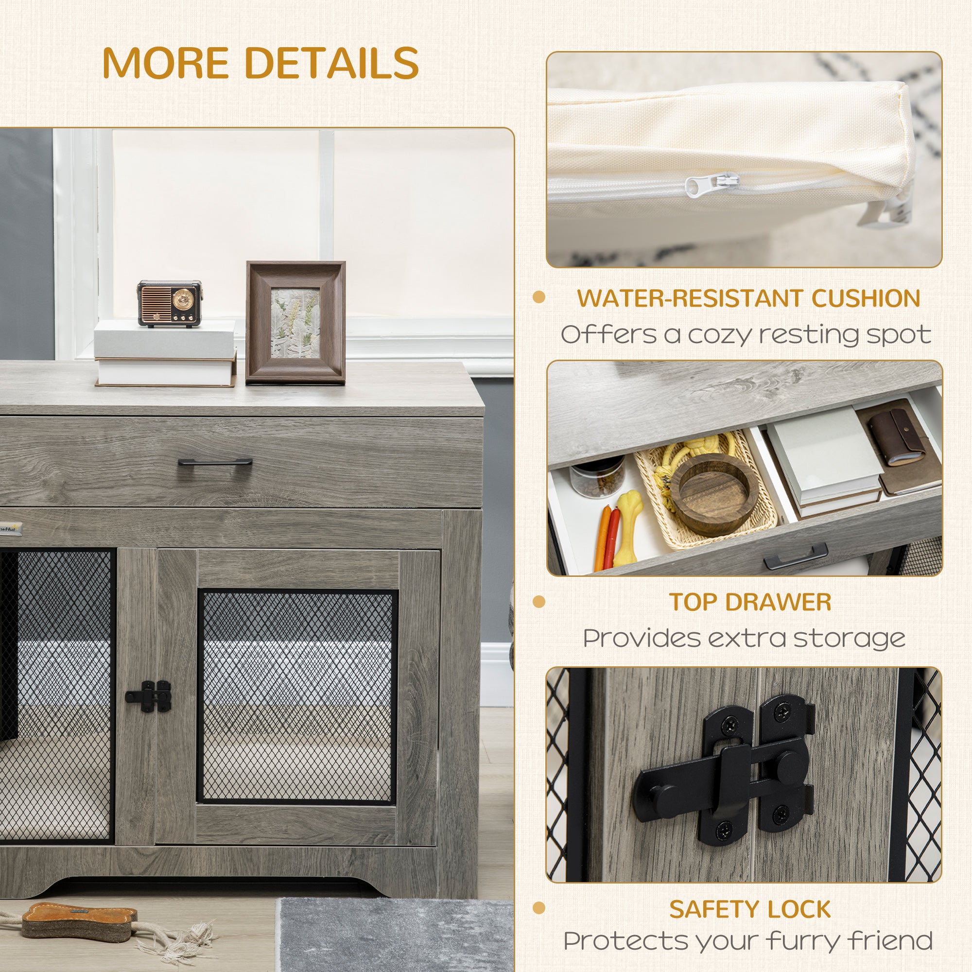 32in Dog Crate Furniture with Cushion, Indoor Pet Kennel End Table with Storage, 2 Doors, for Small Medium Dogs, Grey