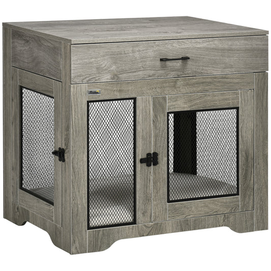 32in Dog Crate Furniture with Cushion, Indoor Pet Kennel End Table with Storage, 2 Doors, for Small Medium Dogs, Grey