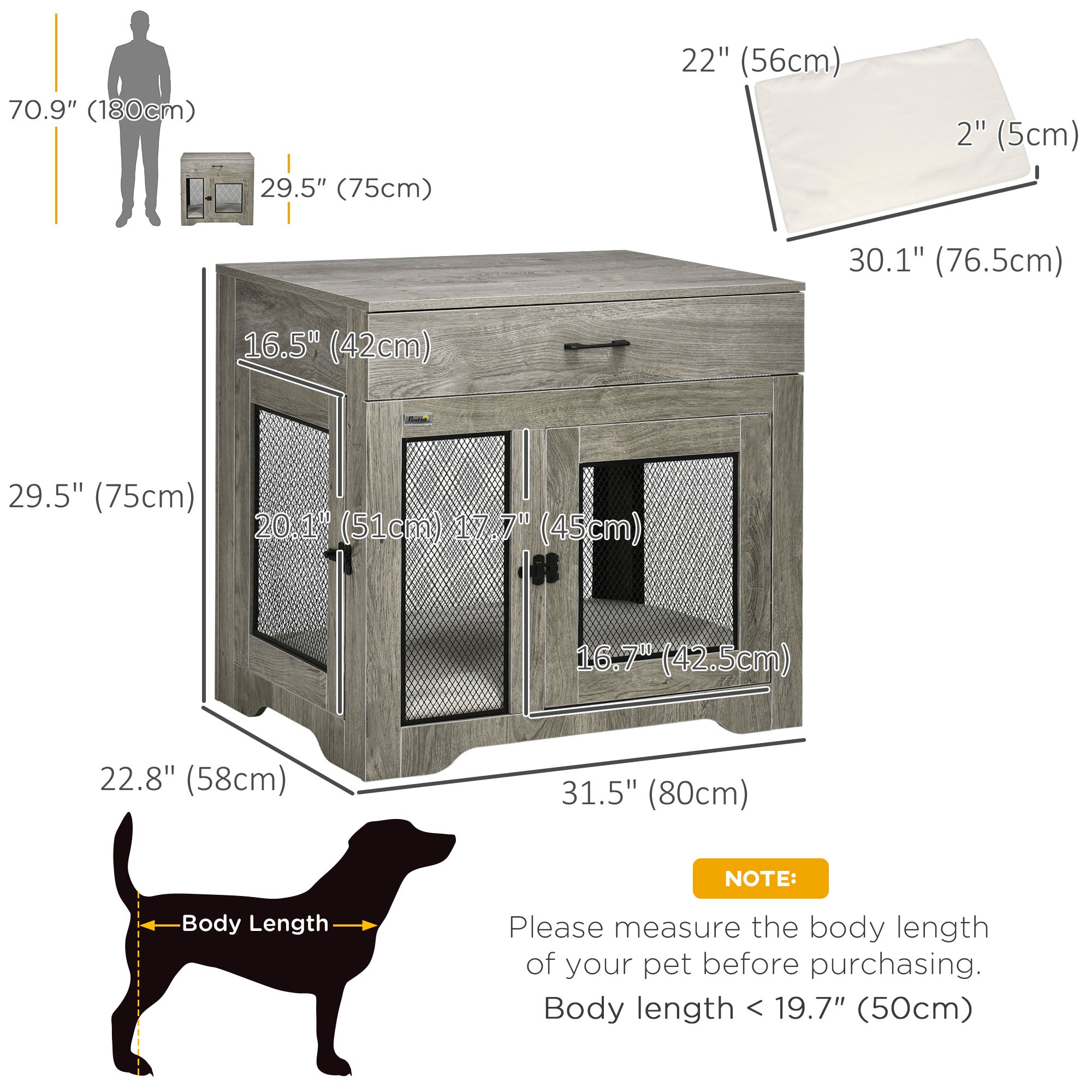 32in Dog Crate Furniture with Cushion, Indoor Pet Kennel End Table with Storage, 2 Doors, for Small Medium Dogs, Grey