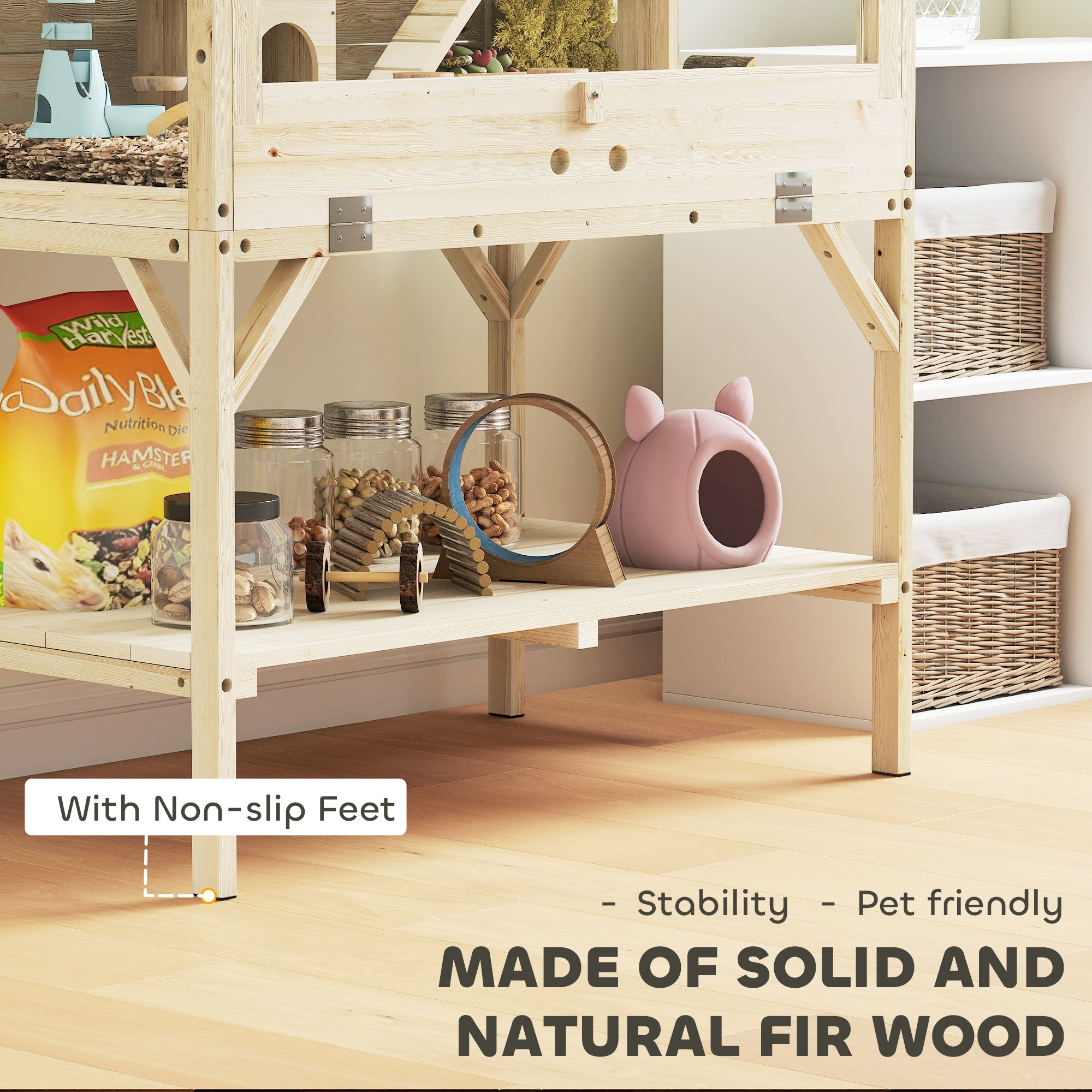 Wooden Hamster Cage, Gerbil Cage with Openable Top, Removable Tray, Seesaws, Water Bottle, Transparent Panels for Syrian, Dwarf Hamsters and Gerbils, 33.1" x 20.9" x 43.3"