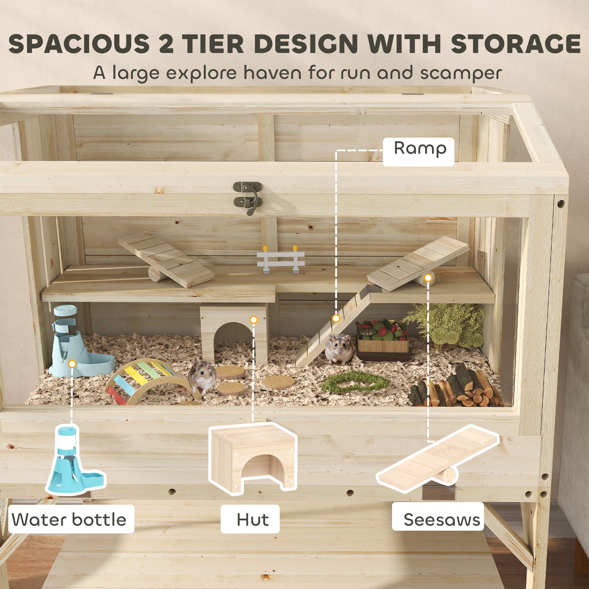 Wooden Hamster Cage, Gerbil Cage with Openable Top, Removable Tray, Seesaws, Water Bottle, Transparent Panels for Syrian, Dwarf Hamsters and Gerbils, 33.1" x 20.9" x 43.3"
