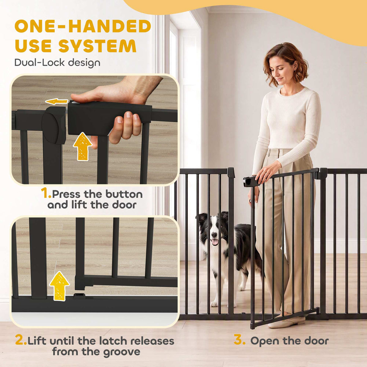 Baby Gate, Pet Gate with 3 Extensions, Auto-Close, Two-Way Open, Pressure Mounted for Stair, Doorways and Hallways, 36"H, Black