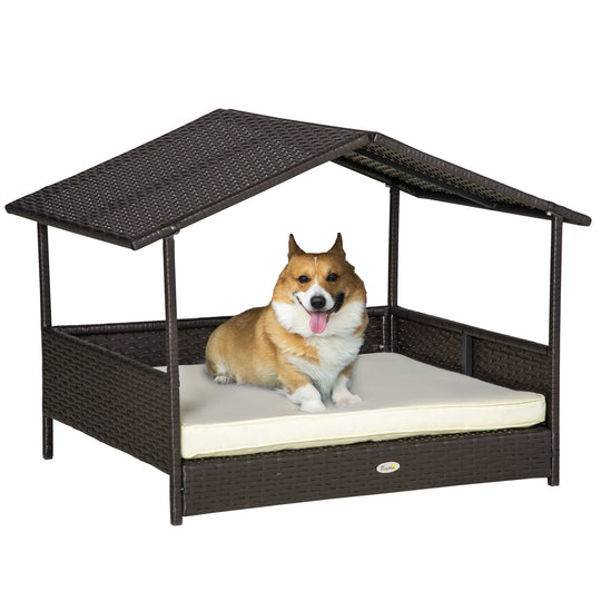 PawHut Wicker Dog House Outdoor with Canopy, Rattan Dog Bed with Water-resistant Cushion, Raised Dog Bed for Small, Medium Dogs up to 66 lbs, 19.75" in Length, Brown Wicker, White Cushion