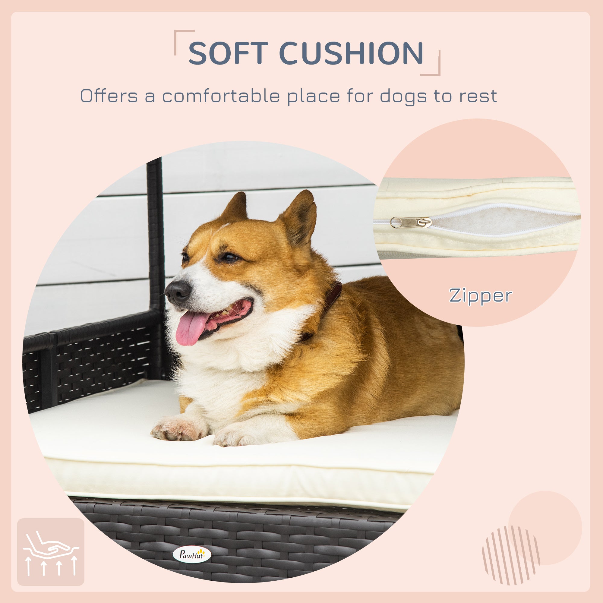 PawHut Wicker Dog House Outdoor with Canopy, Rattan Dog Bed with Water-resistant Cushion, Raised Dog Bed for Small, Medium Dogs up to 66 lbs, 19.75" in Length, Brown Wicker, White Cushion